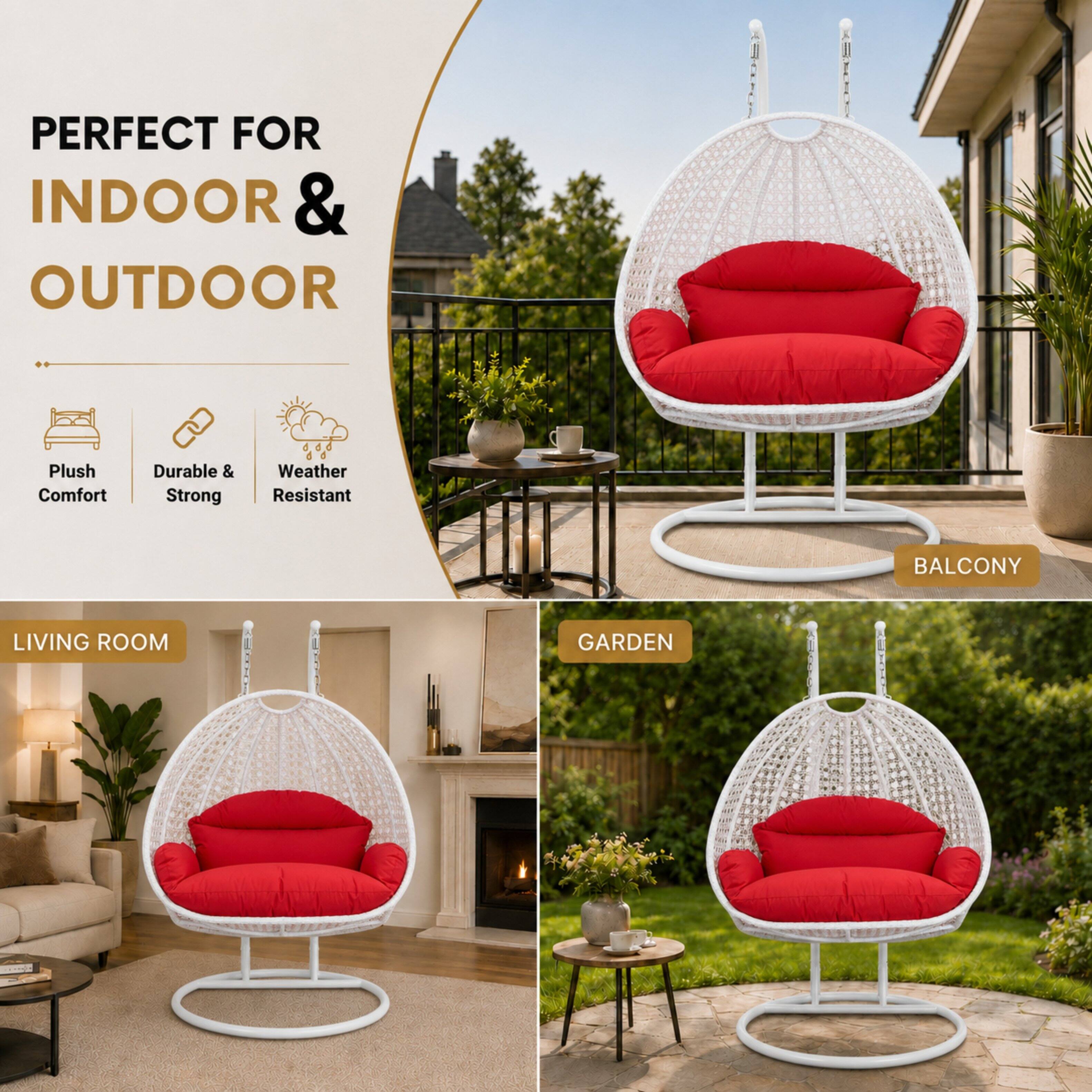 LeisureMod Modern 2 Person Outdoor White Wicker Egg Swing Chair with ...