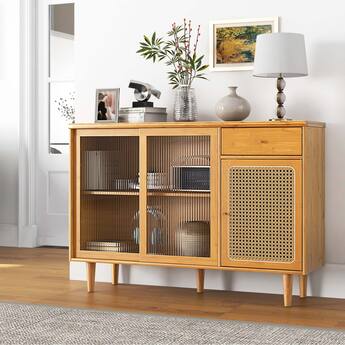 Costway Buffet Sideboard Cabinet Rattan Console Table with Sliding Doors Storage Drawer Natural