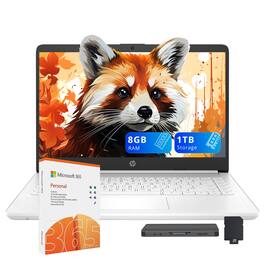 HP - Stream 14" HD Business Laptop,Intel Celeron N4120,8GB RAM,64GB eMMC+1TB Dock Set,1 Year Office 365,Win 11 - White
