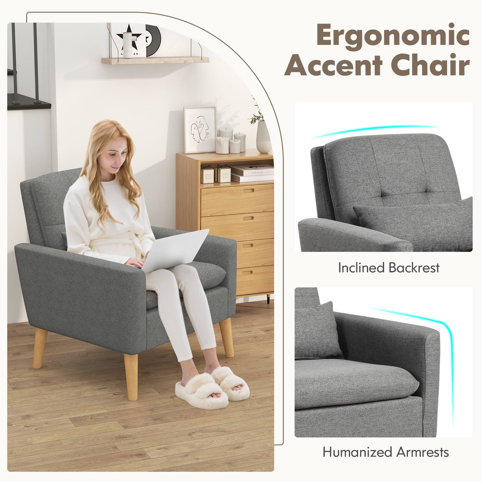 Ergonomic Accent Chair with Inclined Backrest and Humanized Armrests.