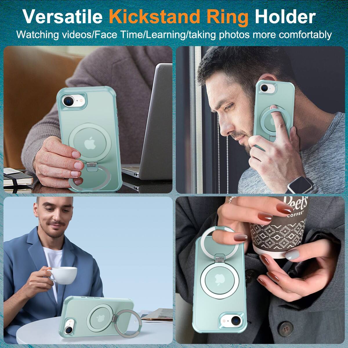 Versatile Kickstand Ring Holder  
Watching videos/Face Time/Learning/taking photos more comfortably