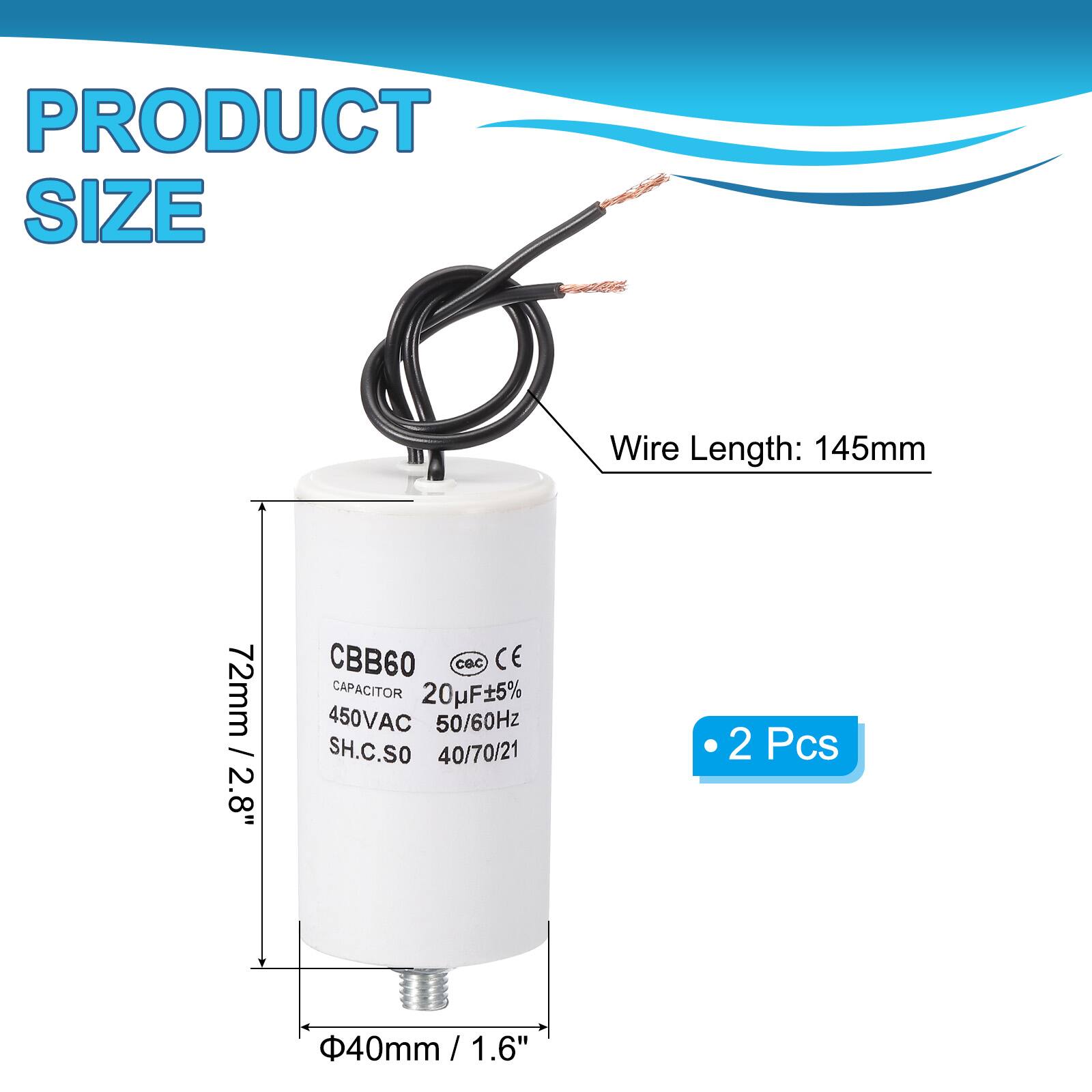 PRODUCT SIZE  
Wire Length: 145mm / 2.8"  
CBB60 CBc CE CAPACITOR 20F5% 450VAC 50/60Hz SH.C.SO 40/70/21  
2 Pcs  
40mm / 1.6"