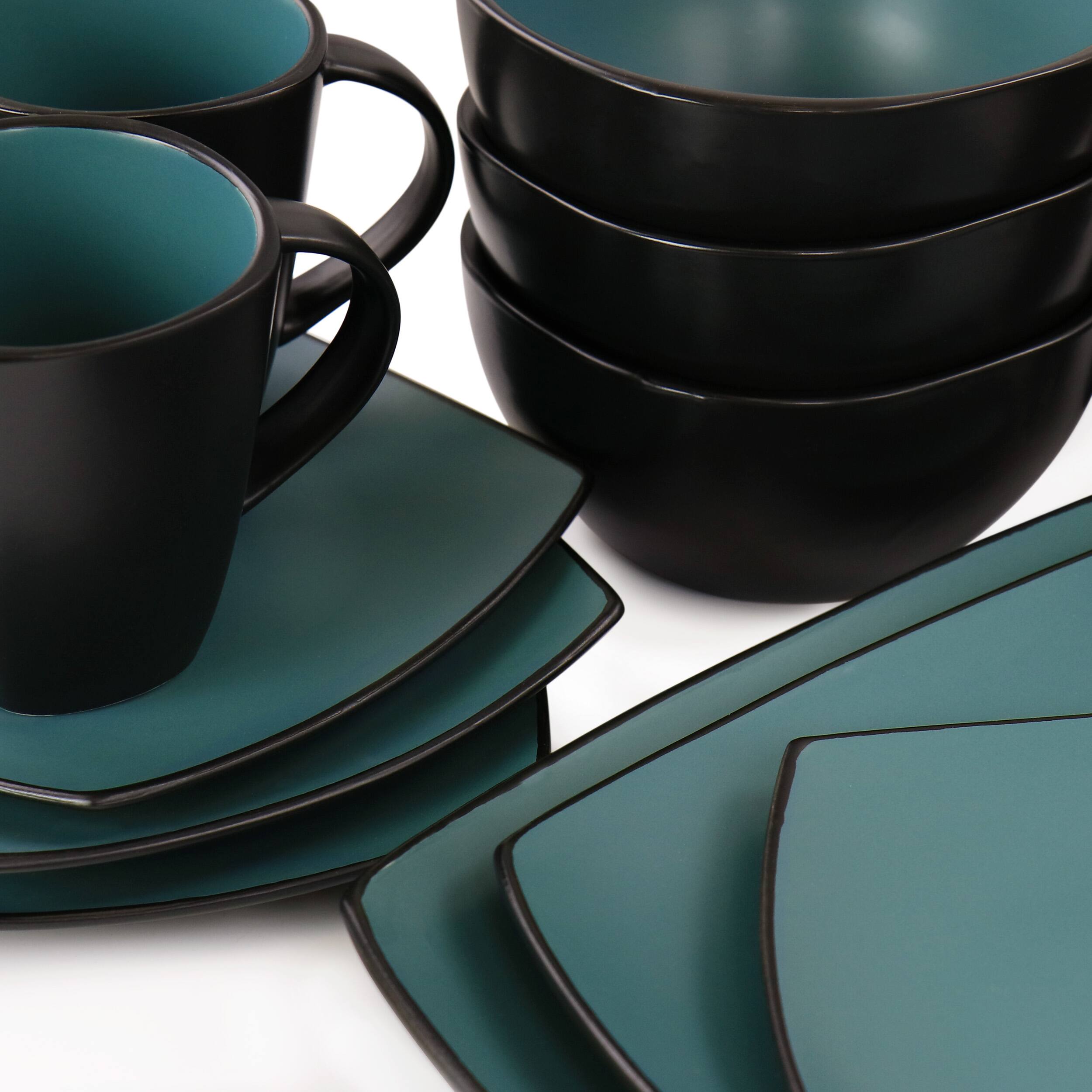 Alt View 3. Gibson - Gibson Elite Soho Lounge 16 Piece Matte Glaze Square Dinnerware Set in Teal - Teal.