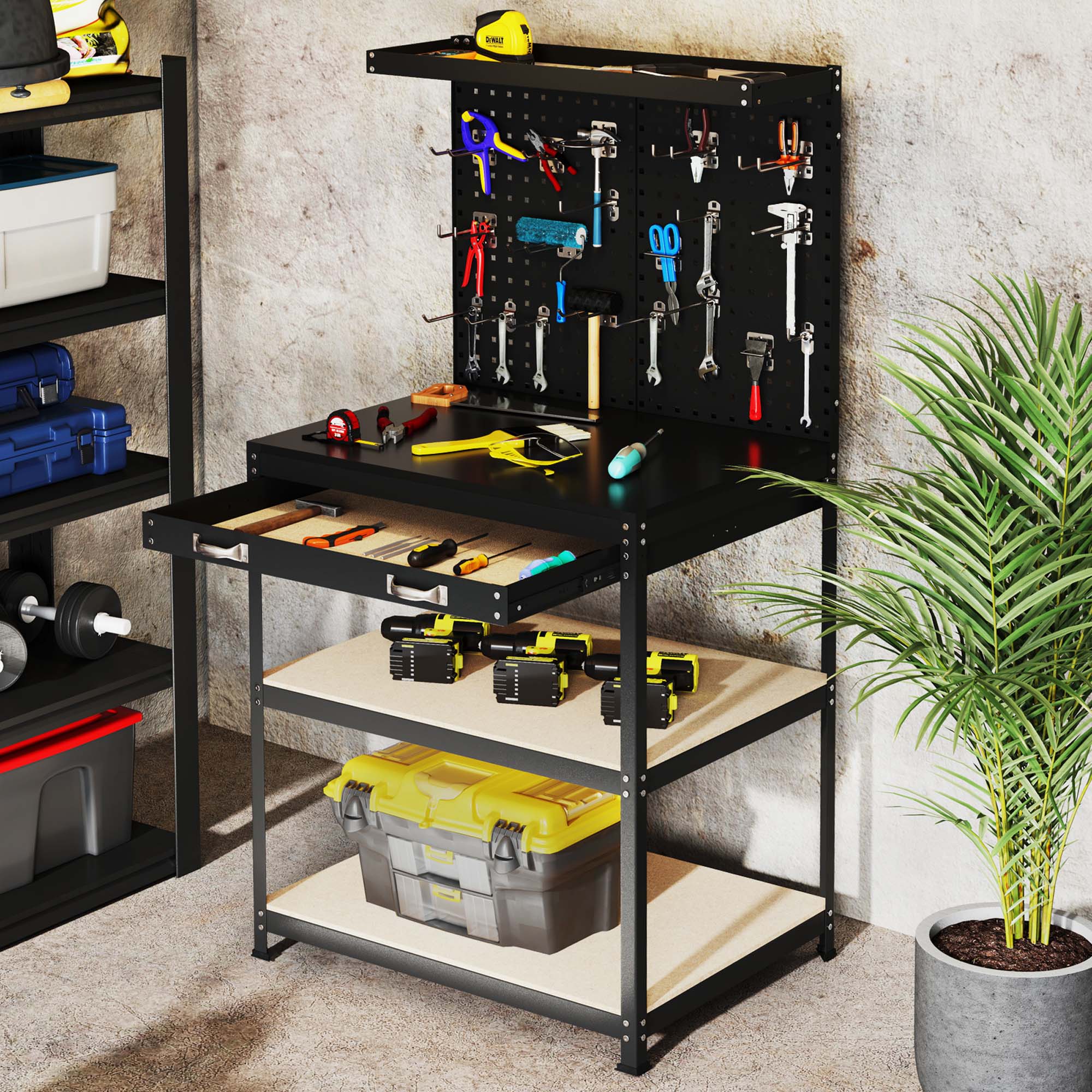 Alt View 1. Gymax - Gymax 32'' x 16'' Workbench w/ Pegboard 20PCS Tool Hooks Drawer & Open Shelves Black - Black.