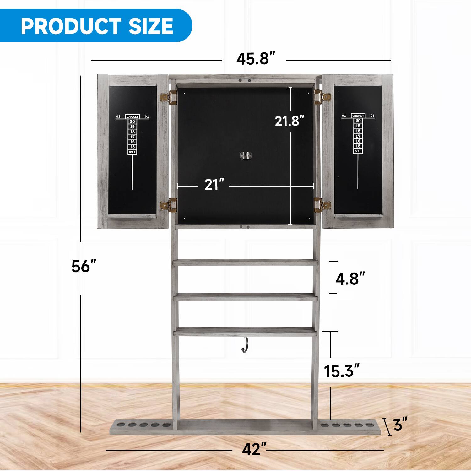 PRODUCT SIZE: 45.8", 21.8", 21", 56", 4.8", 15.3", 42", 3"