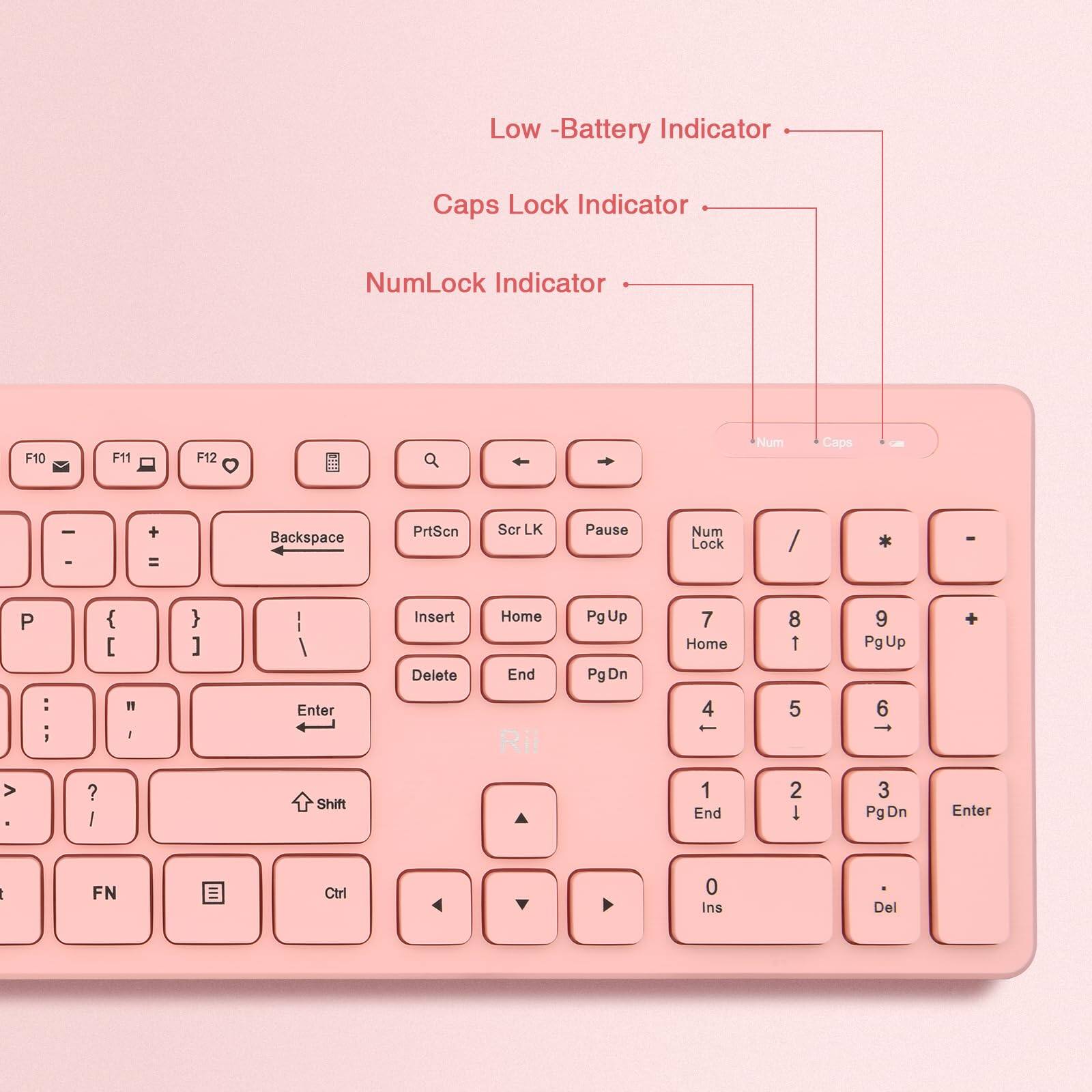 Low Battery Indicator  
Caps Lock Indicator  
NumLock Indicator  

F10 F11 F12  
Num Caps  
Backspace PrtScn Scr LK Pause  
Num Lock / * - P : ; { [ " } ] / Enter Insert Delete Home End Pg Up Pg Dn  
7 Home 4 5 6 Pg Up 8 9 0 Ins Del  
1 2 3 Pg Dn  
Shift 1 2 3  
Ctrl 0 .  
FN