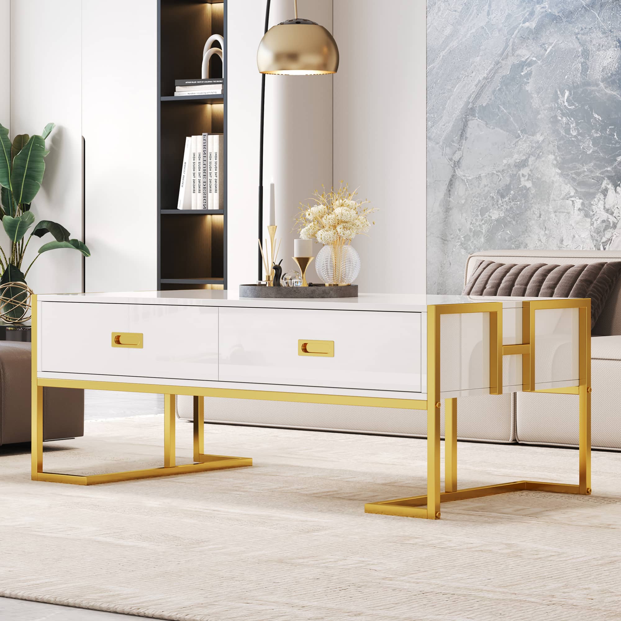 GOODSILO - Modern Rectangular Coffee Table with Drawers and Metallic Base - White+Gold