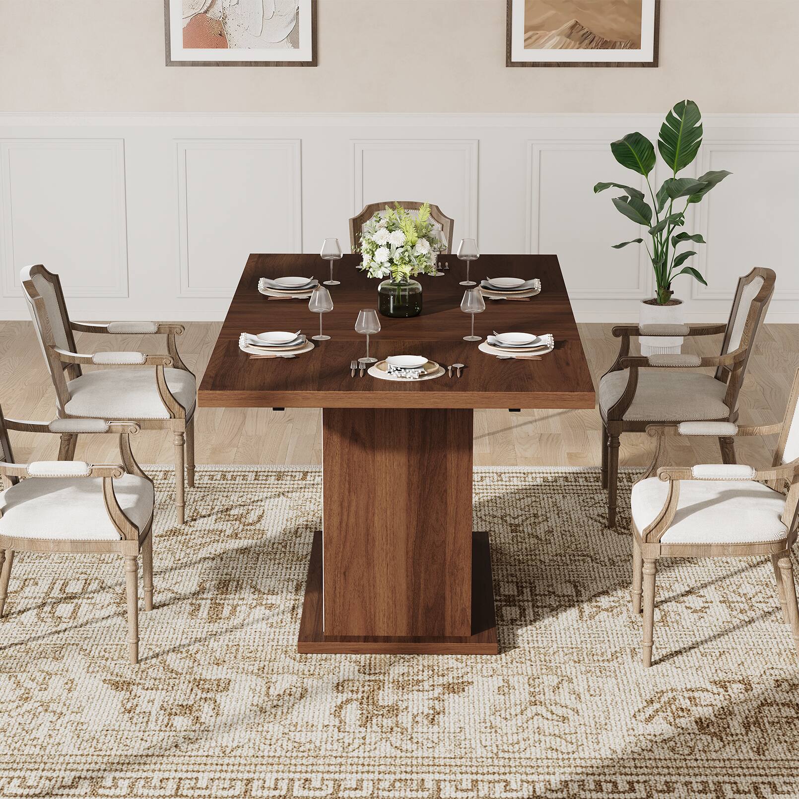 Back. Anysun - 63" Walnut Dining Table for 4-6 - Rectangular Pedestal Base with Storage Shelves. 63"L x 35.4"W x 30"H - Walnut.