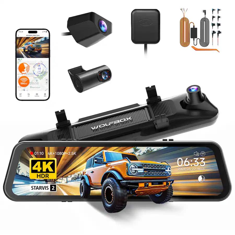 WOLFBOX - 3 Channel 4K Mirror Dash Cam, STARVIS 2 Sensor Night Vision, 5.8GHz WiFi, GPS, WDR, HDR - Black