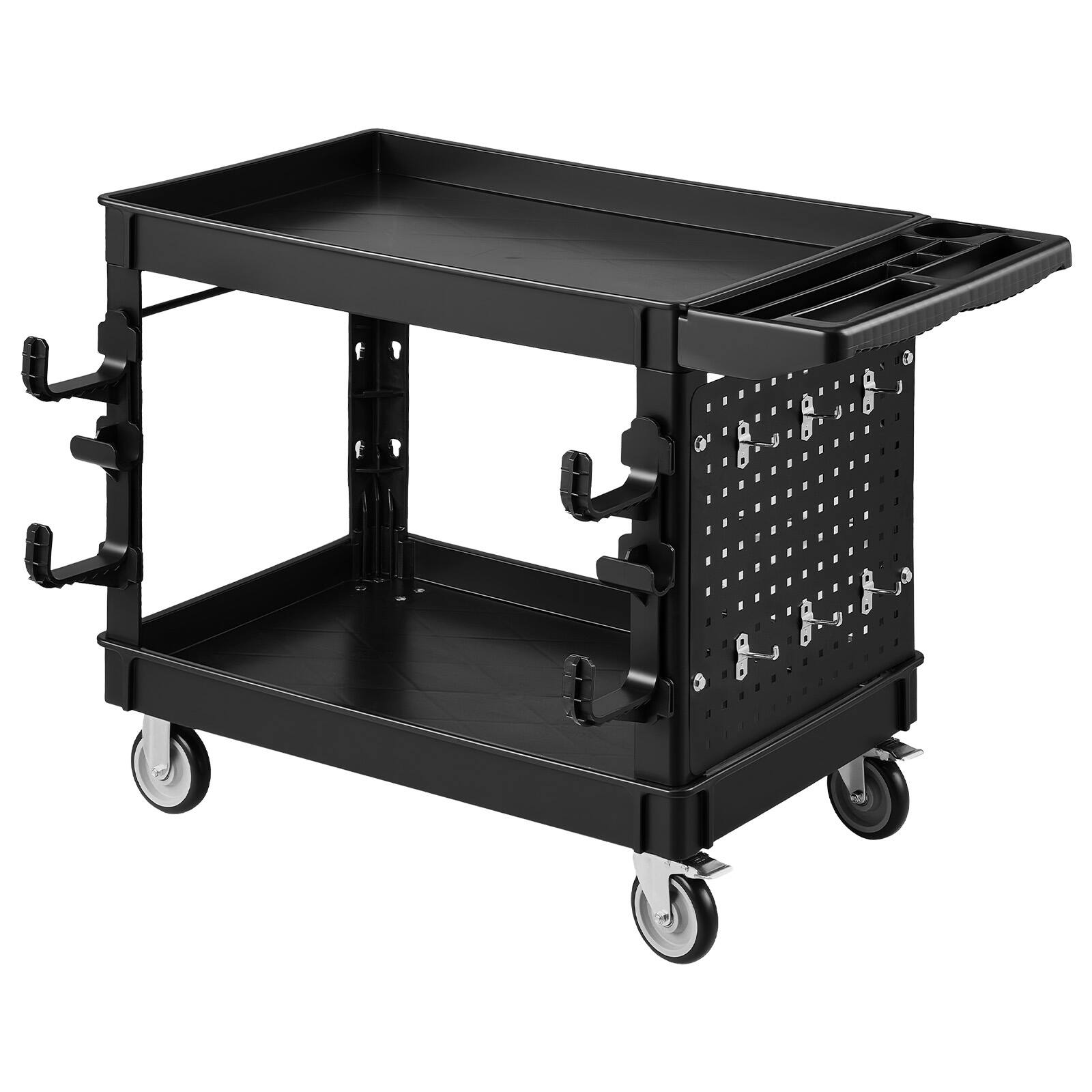 Alt View 5. VEVOR - Utility Cart, 550 lbs Capacity, 2 Tier Service Cart with 360° Swivel & Fixed Wheels (2 with Brakes) - Black.