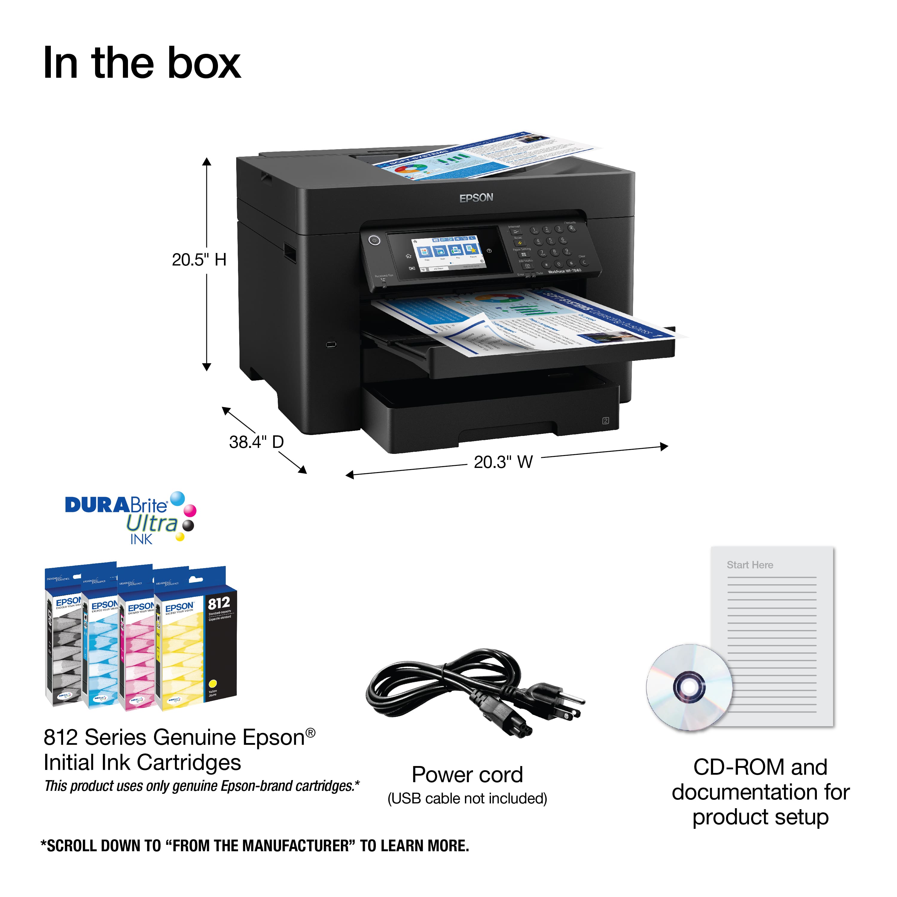 In the box, you will find an Epson F1100 printer, which measures 20.5" H x 20.3" W x 38.4" D. The printer is equipped with Durabrite Ultra INK technology for high-quality printing. The package includes a power cord and a set of initial ink cartridges. Additionally, there is a CD-ROM and documentation for product setup.