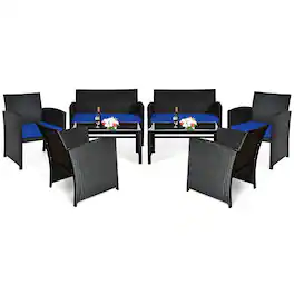 Costway - 8PCS Patio Rattan Furniture Conversation Set Cushion Sofa Table Garden - Navy