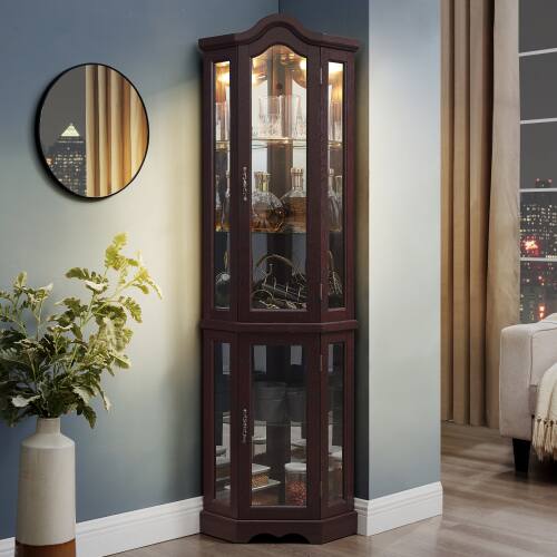 Left. LUCKY ONE - Freestanding Corner Curio Cabinet with Tempered Glass Shelves LED Light Display for Living Room Decor - Cherry.