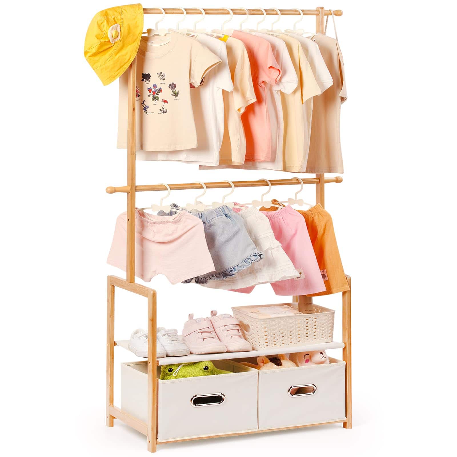 Empire DigiLabs - Clothing Rack Wooden Garment With & 2 Storage Baskets 2 Adjustable Hanging Rods Free Standing Corner Dress - Default