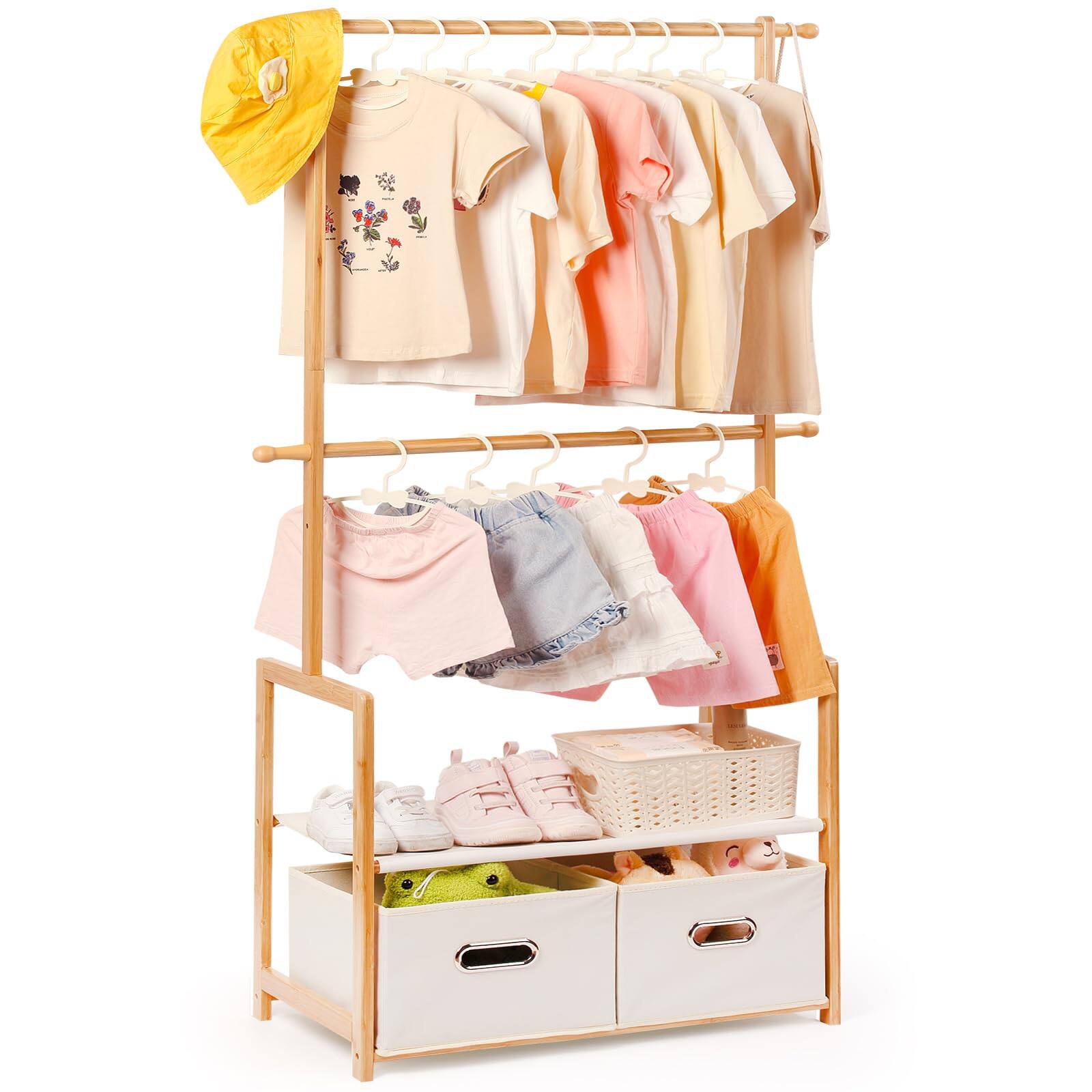Front. Empire DigiLabs - Clothing Rack Wooden Garment With & 2 Storage Baskets 2 Adjustable Hanging Rods Free Standing Corner Dress ... - Default.