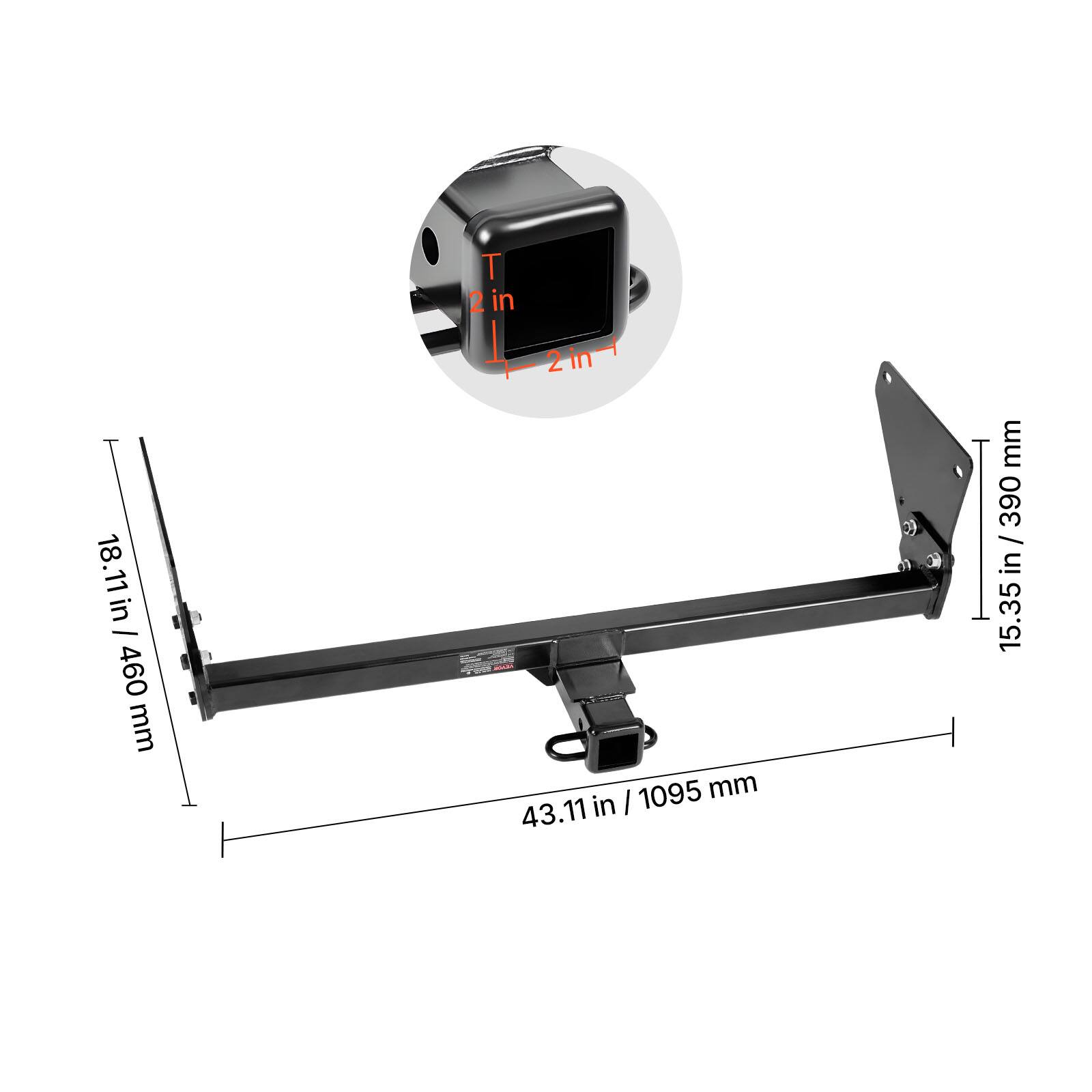 - T 2 in
- 2 in
- 8.11 in / 206 mm
- 43.11 in / 1095 mm
- 15.35 in / 390 mm