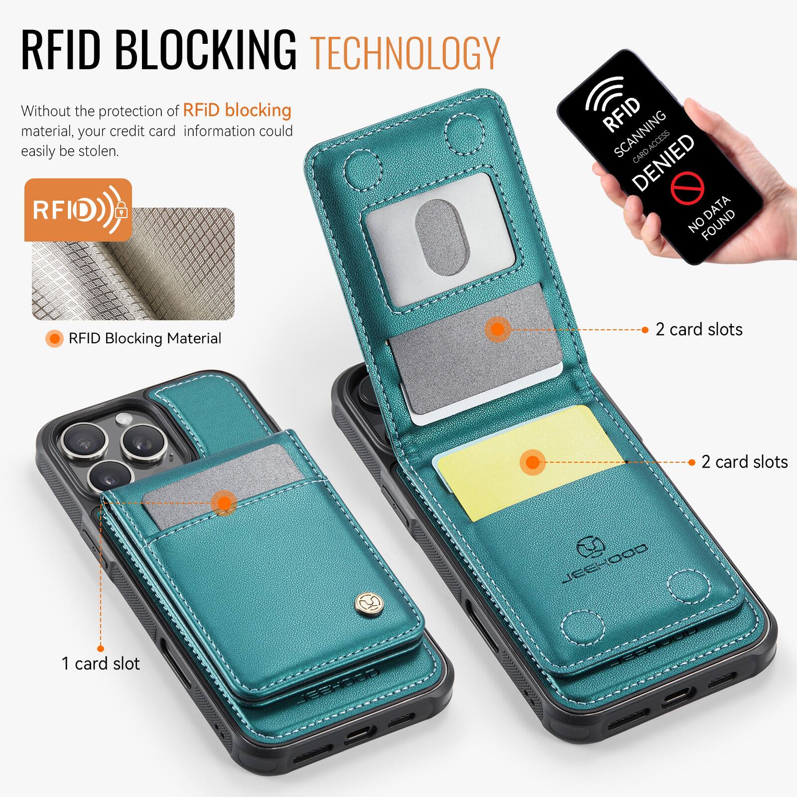 RFID BLOCKING TECHNOLOGY

Without the protection of RFID blocking material, your credit card information could easily be stolen.

RFID Blocking Material

1 card slot

2 card slots

2 card slots

JEEHOOD