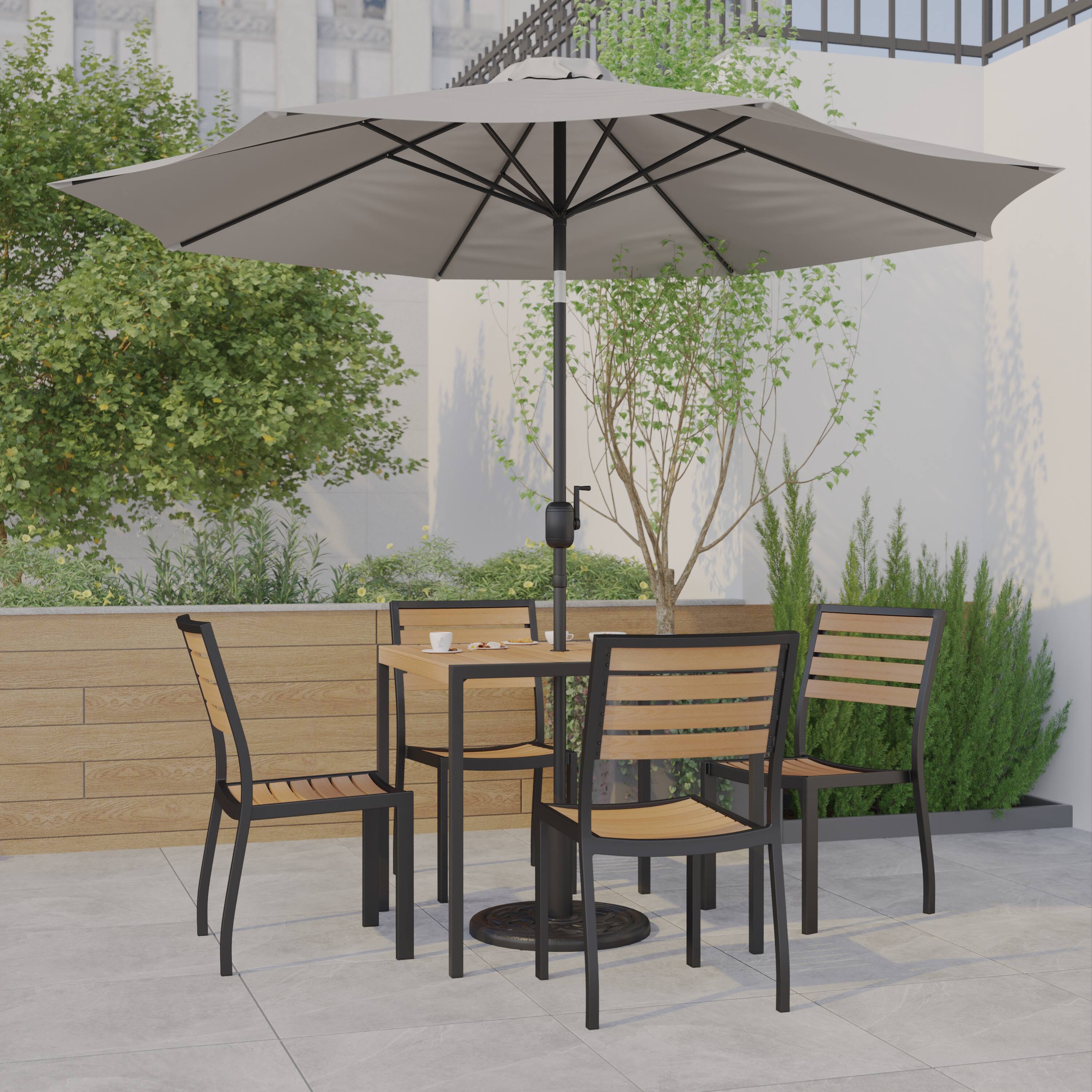 Alt View 1. Emma + Oliver - 7 Piece Patio Table Set - Synthetic Faux Teak Stackable Chairs - Faux Teak Table - Umbrella with Base - Gray.