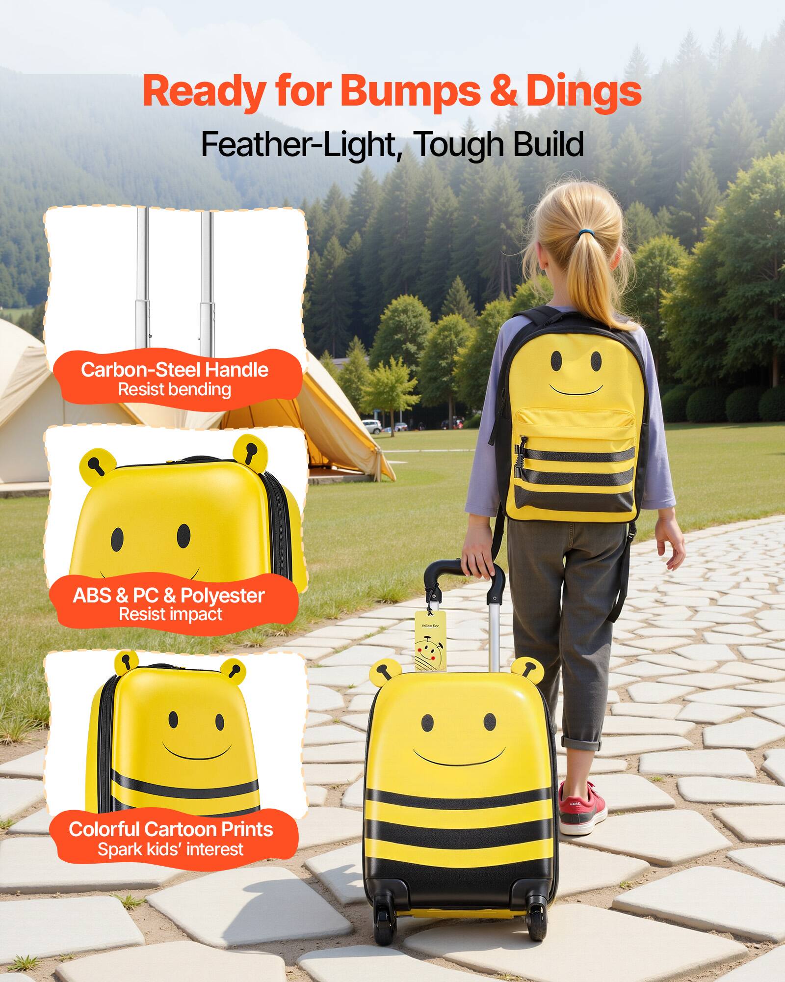 Ready for Bumps & Dings  
Feather-Light, Tough Build  

- Carbon-Steel Handle  
  Resist bending  

- ABS & PC & Polyester  
  Resist impact  

- Colorful Cartoon Prints  
  Spark kids' interest