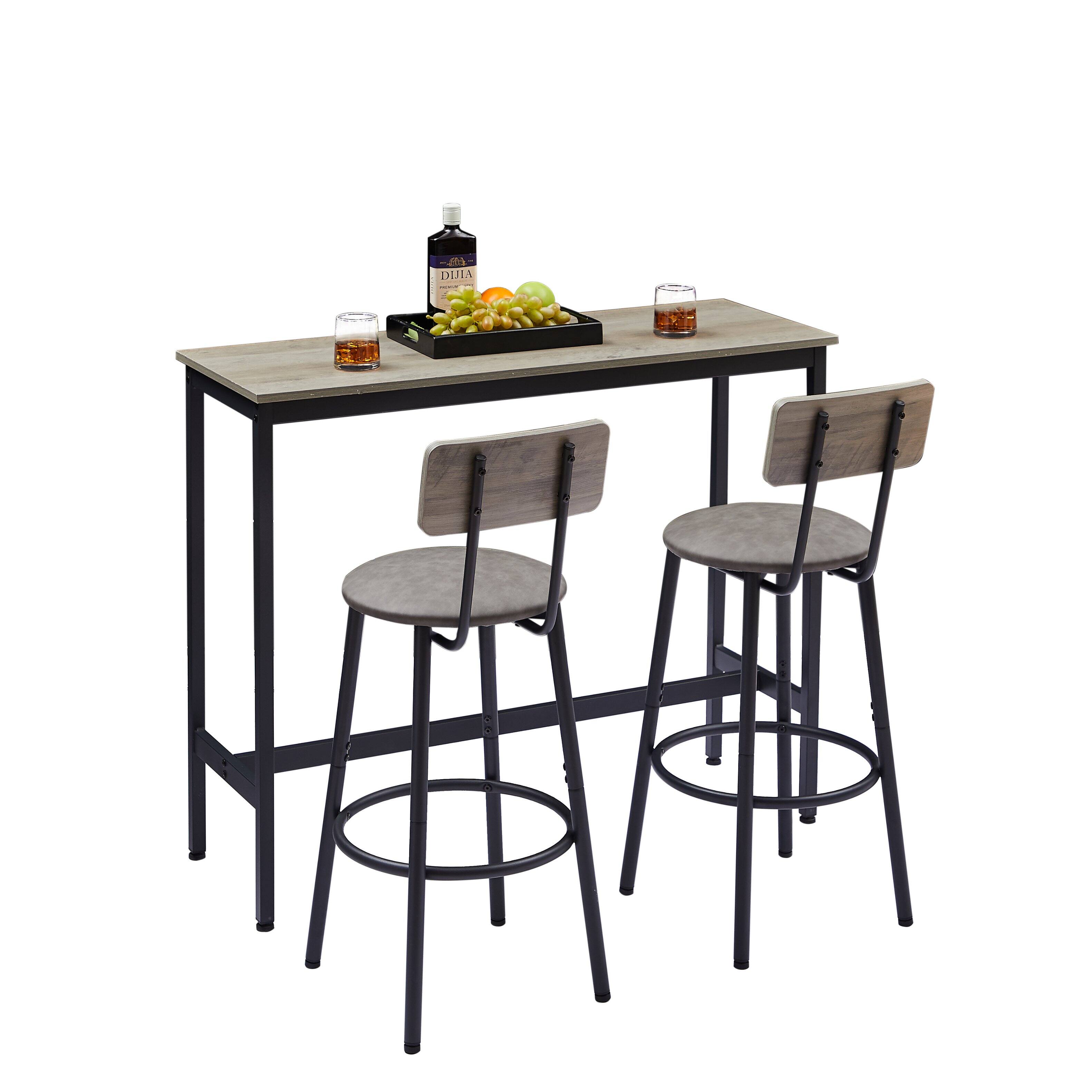 Front. Glintex - Bar Table Set with 2 Bar stools PU Soft seat with backrest, 43.31 L x 15.75 W x 35.43 H. - Grey.