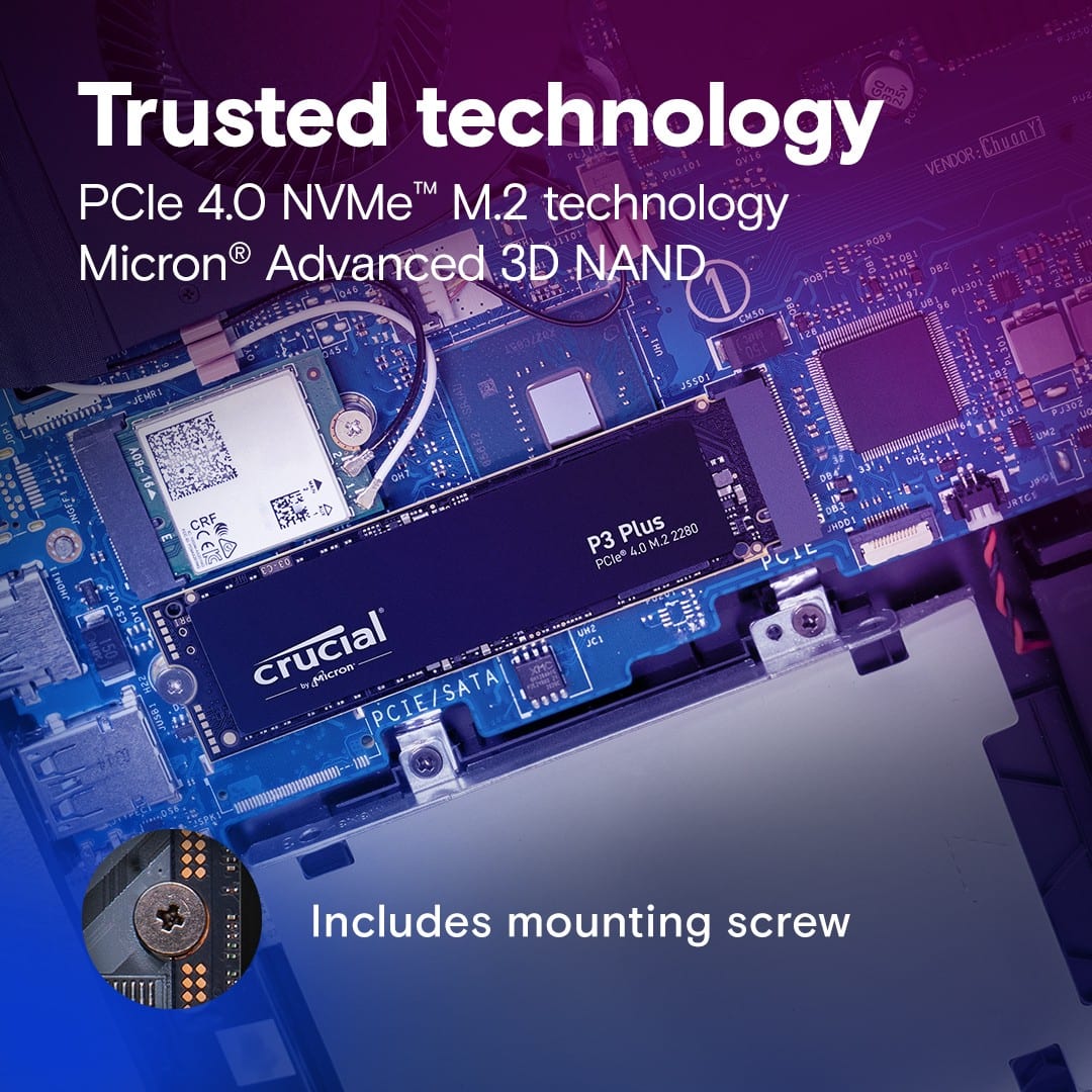 Trusted Technology: Crucial PCIe 4.0 NVMe M.2 Technology 4604 R Micron Advanced 3D NAND.