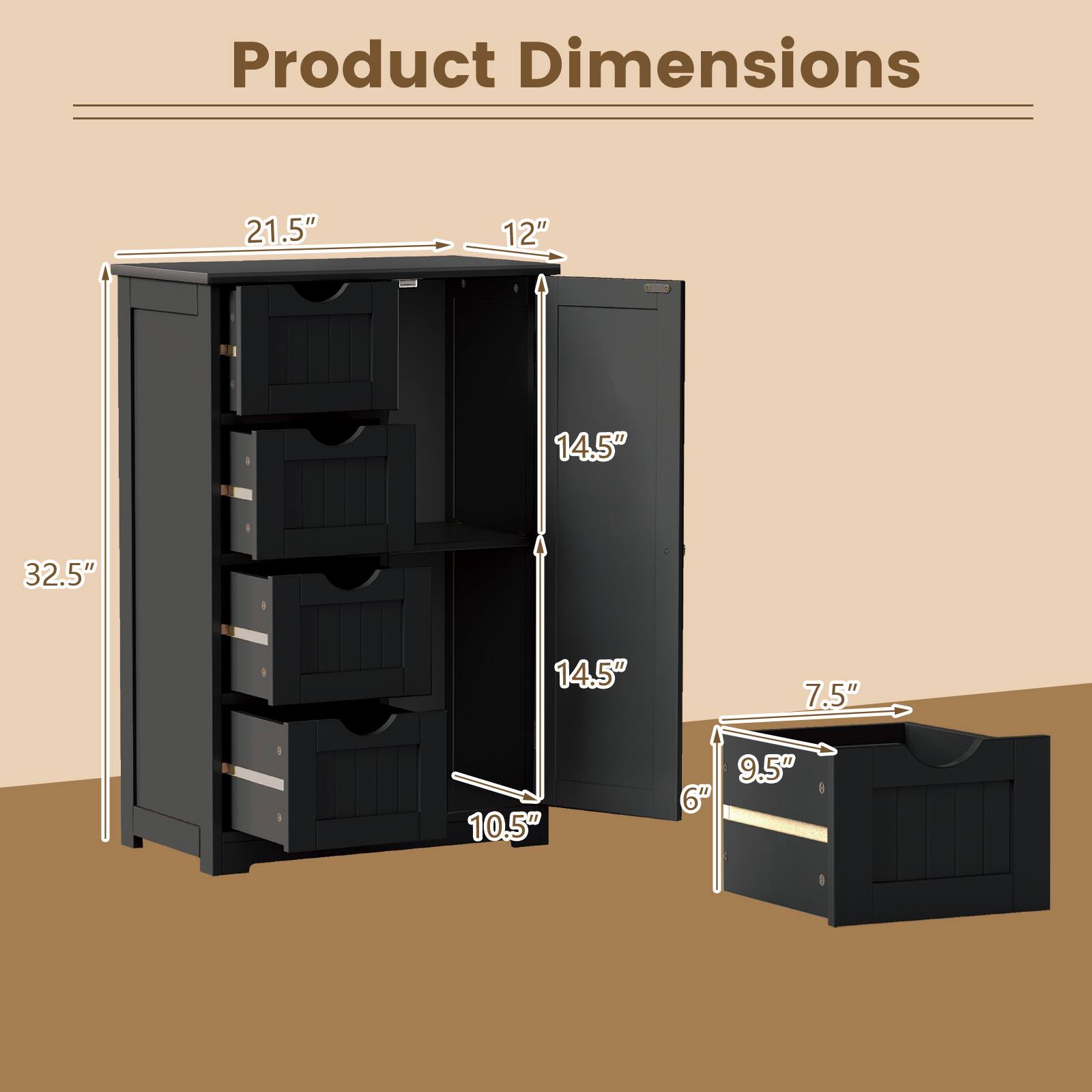 Product Dimensions

- Width: 21.5"
- Depth: 12"
- Height: 32.5"
- Drawer Height: 14.5"
- Drawer Depth: 14.5"
- Drawer Width: 9.5"
- Drawer Height: 7.5"
- Drawer Width: 6"