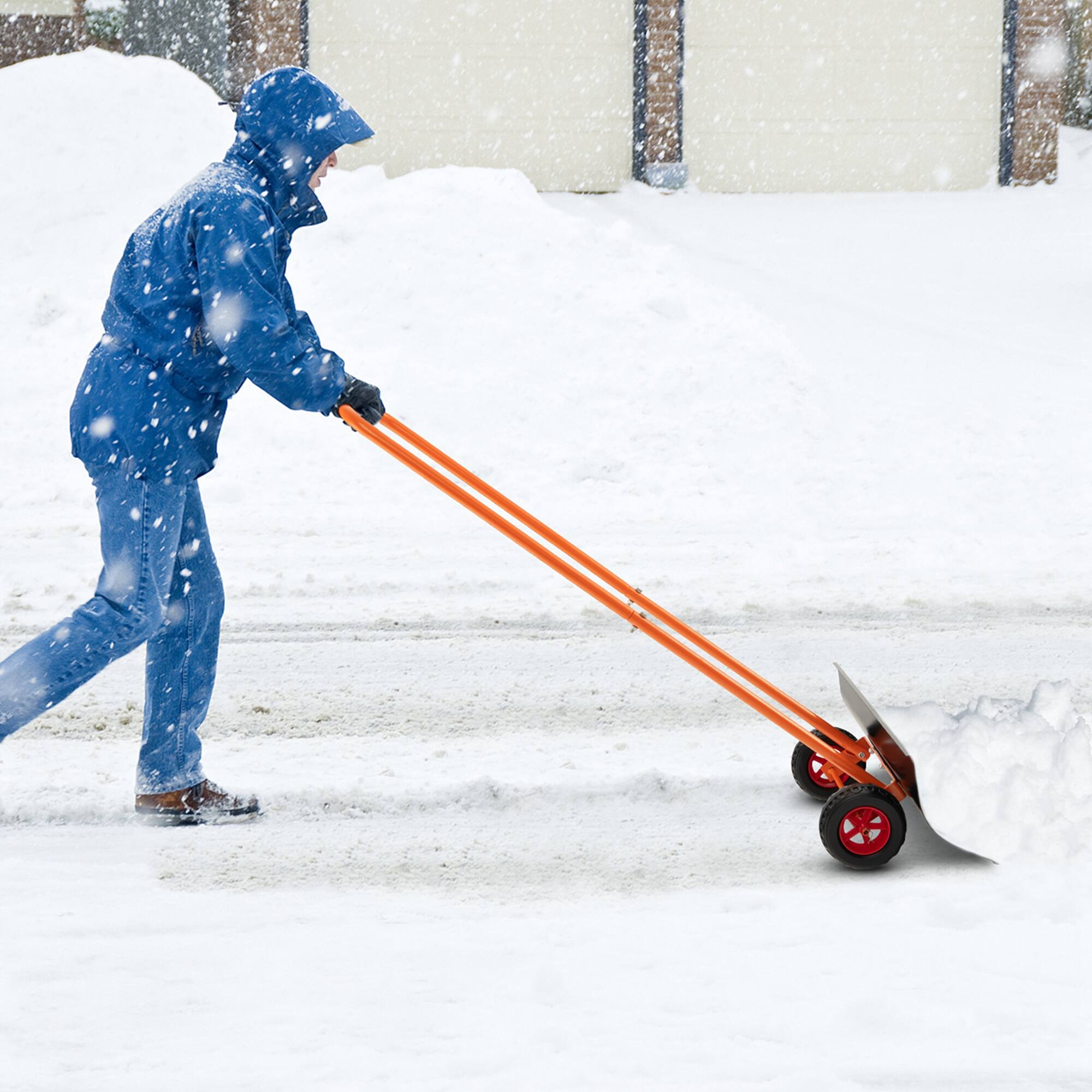 Left. Costway - 30" Snow Shovel Heavy-Duty Metal Adjustable Height Wheeled Snow Removal Pusher - Black + Orange.