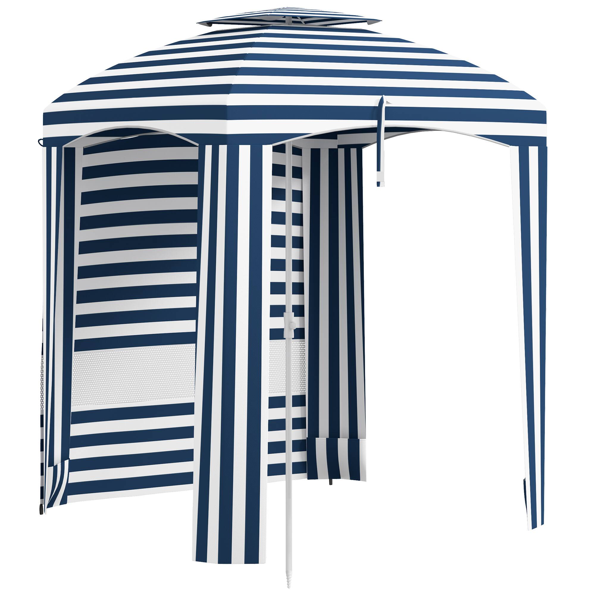Outsunny - 5.8' x 5.8' Portable Beach Umbrella with Double-Top, Ruffled Outdoor Cabana with Walls, Vents, Sandbags, Carry Bag - Blue White Strip