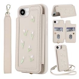 Dteck - Floral Flip Wallet Case for Apple iPhone 17e / 16e,Fashion Crossbody PU Leather Card Holder Phone Cover with Wrist Strap - White