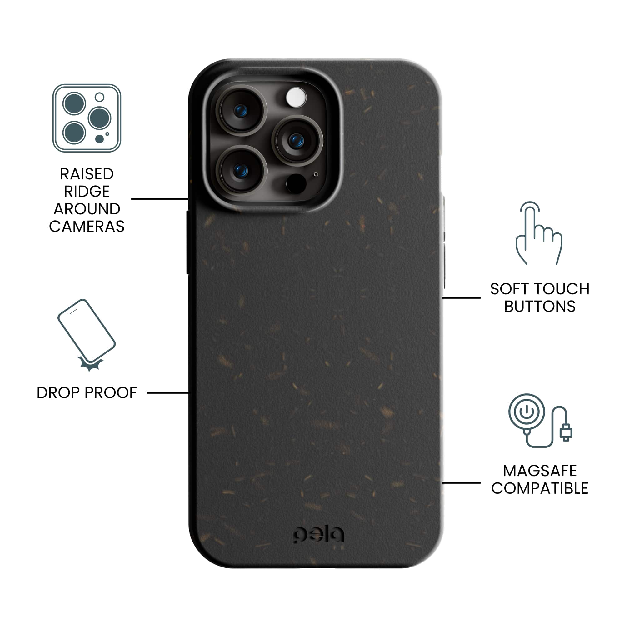 The image features a close-up of a cell phone case with various labels and descriptions. The case is designed with raised ridge around the cameras, providing a soft touch and added protection. The case is also drop proof, ensuring that the phone is safe from accidental drops. Additionally, the case is compatible with MagSafe technology, allowing for easy attachment of accessories. The case is made of durable materials, ensuring that it can withstand daily wear and tear.