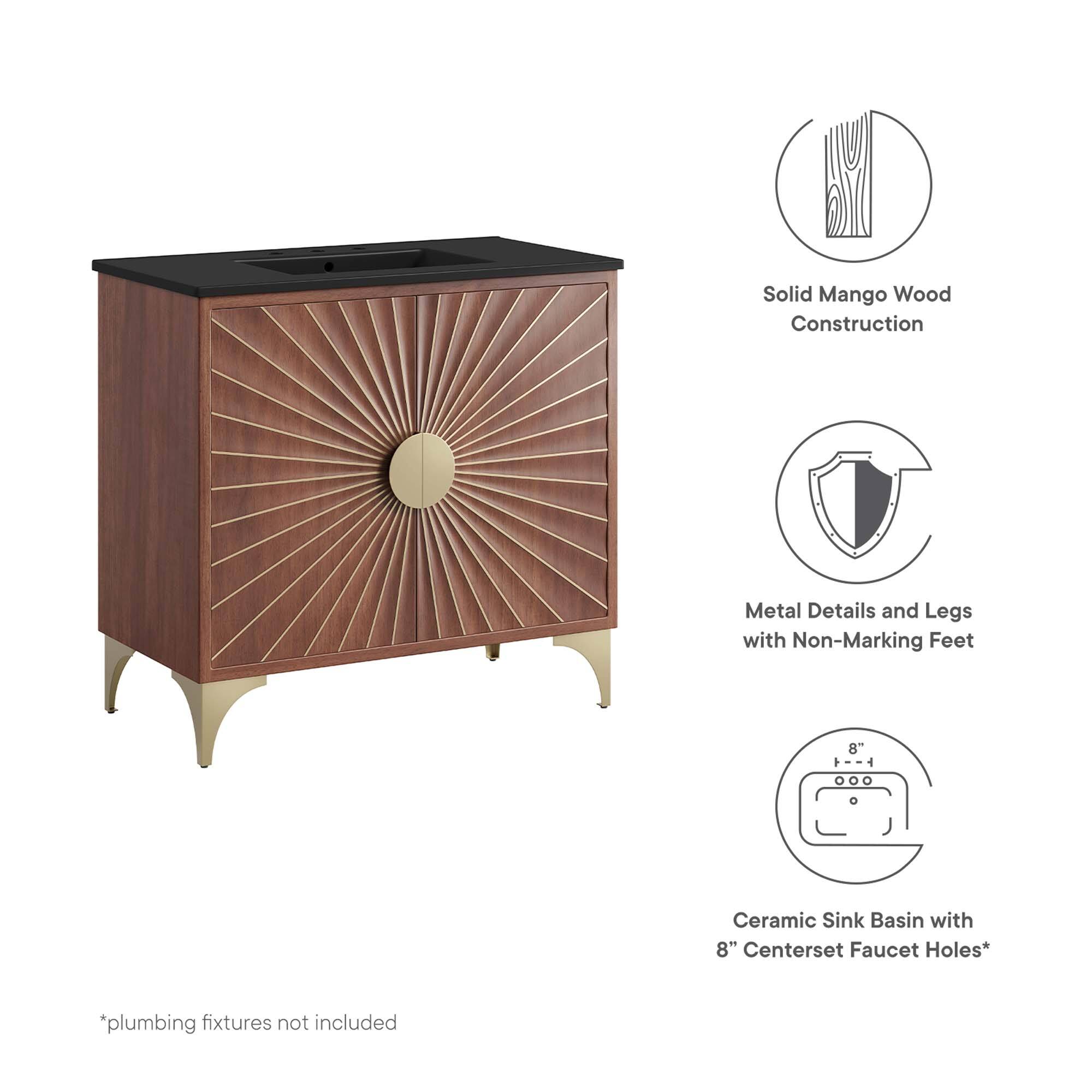 Solid Mango Wood Construction  
Metal Details and Legs with Non-Marking Feet  
8 Ceramic Sink Basin with 8" Centerset Faucet Holes*  
*plumbing fixtures not included