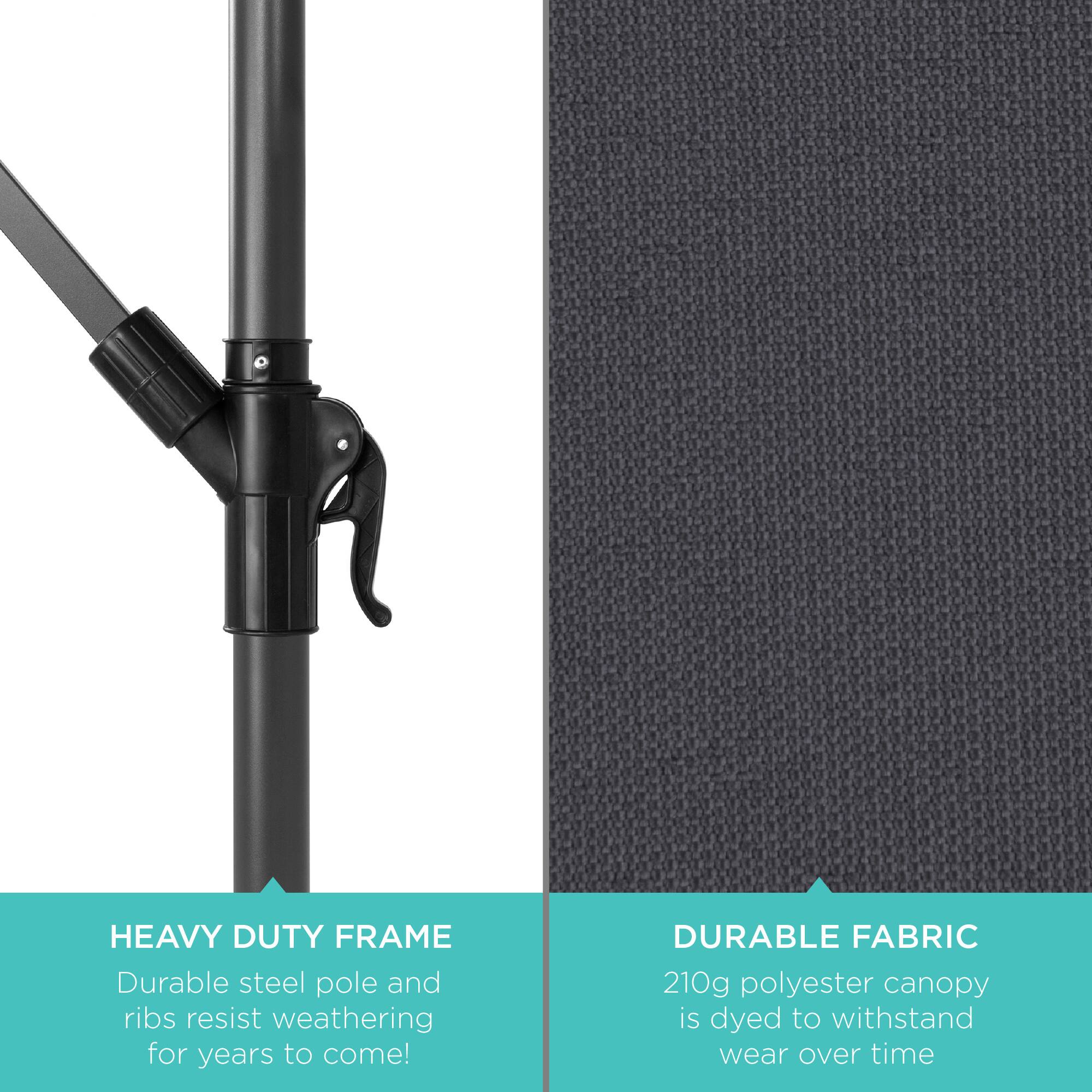HEAVY DUTY FRAME  
Durable steel pole and ribs resist weathering for years to come!

DURABLE FABRIC  
210g polyester canopy is dyed to withstand wear over time