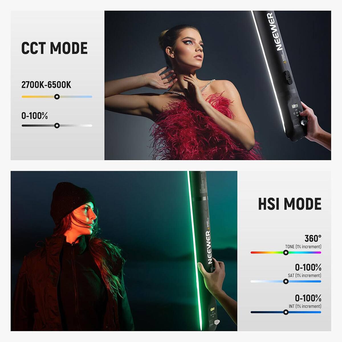 CCT MODE 2700K-6500K  
NEEWER  
0-100%  
NEEWER  
HSI MODE 360°  
TONE (1% increment) 0-100%  
SAT (1% increment) 0-100%  
INT (1% increment) 0-100%