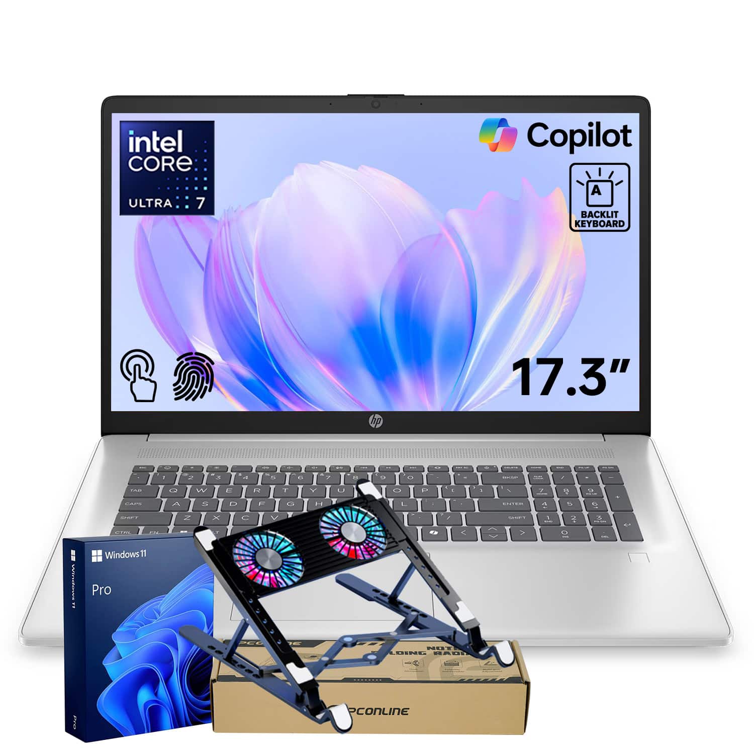 HP - 17.3" HD+ Touchscreen Laptop - Intel Core Ultra 7 255U 64GB RAM - 1TB SSD - Copilot & Backlit KB - PCO Laptop Cooler - Silver