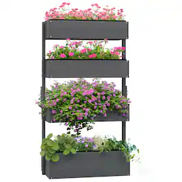 Outsunny - Outdoor Wooden Vertical Garden Planter, 4 Tier Planter Box, Self-Draining for Flowers, Vegetables - Gray