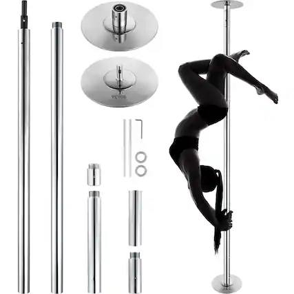 Front. VEVOR - Professional Dancing Pole, Spinning Static Dancing Pole Kit,Portable Removable Pole,45mm Heavy-Duty Stainless Steel Pole - Silver.