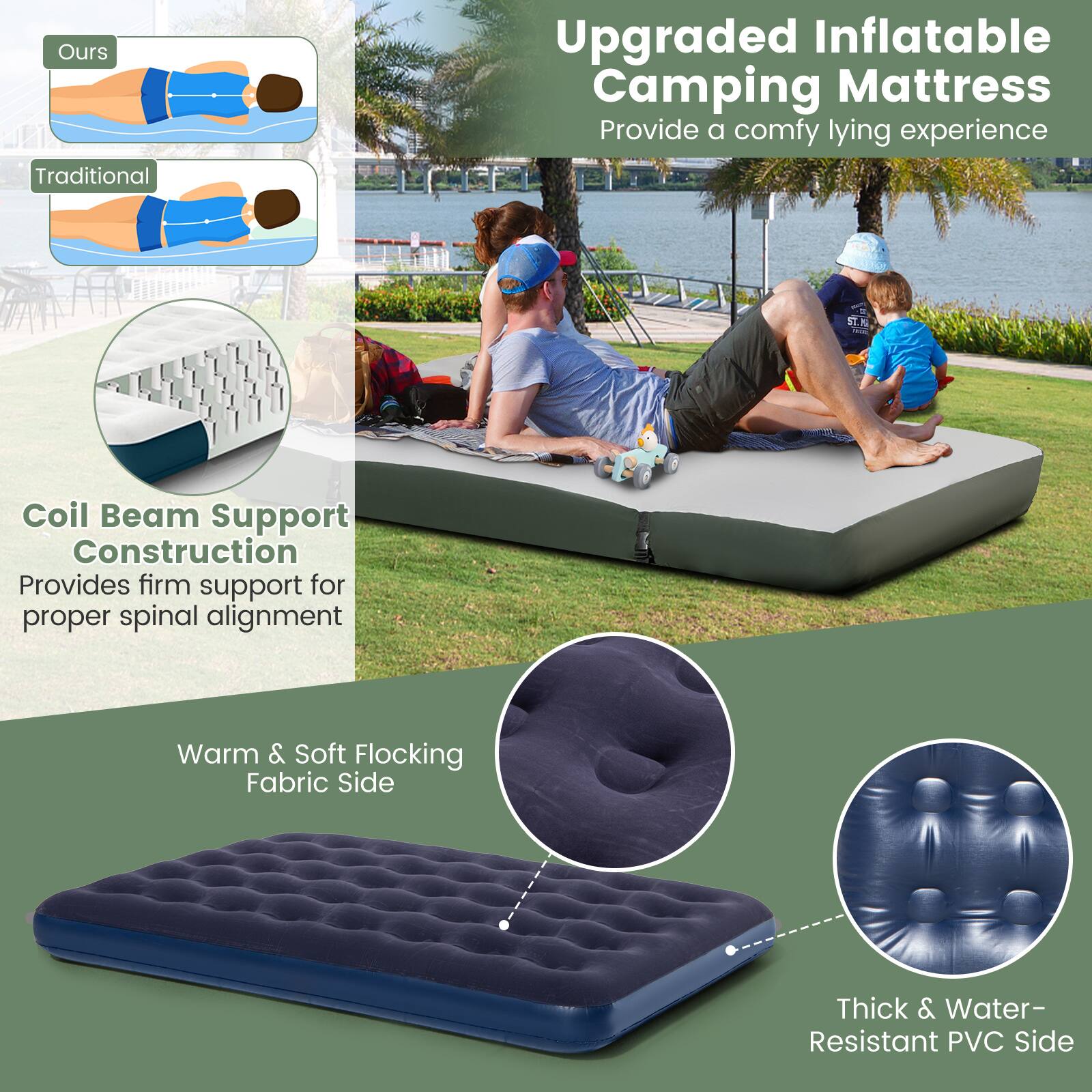 Upgraded Inflatable Camping Mattress  
Provide a comfy lying experience  

Ours  
Traditional  

Coil Beam Support Construction  
Provides firm support for proper spinal alignment  

Warm & Soft Flocking Fabric Side  

Thick & Water-Resistant PVC Side
