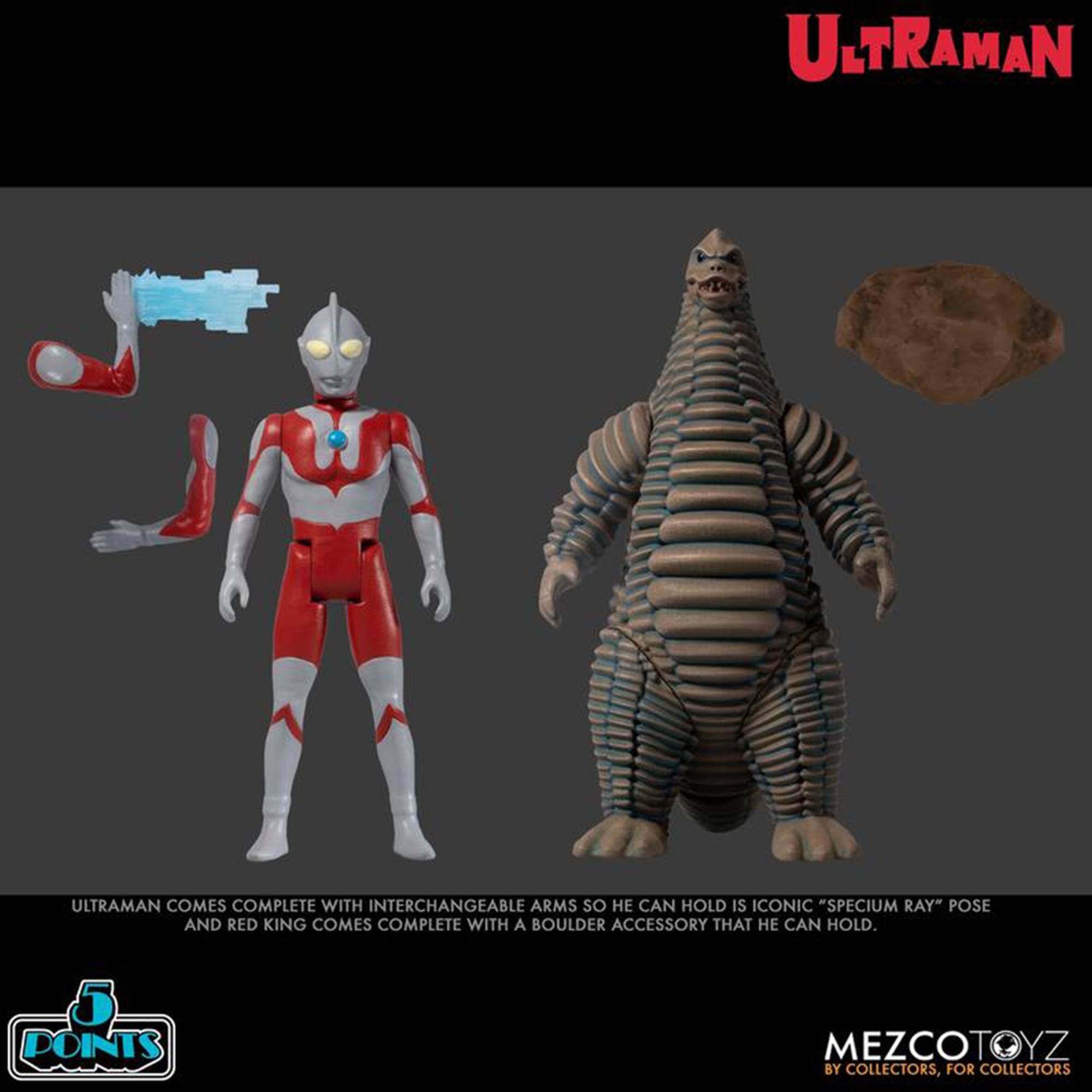 ULTRAMAN ULTRAMAN COMES COMPLETE WITH INTERCHANGEABLE ARMS SO HE CAN HOLD IS ICONIC "SPECIUM RAY" POSE AND RED KING COMES COMPLETE WITH A BOULDER ACCESSORY THAT HE CAN HOLD. J POINTS MEZCOTOYZ BY COLLECTORS, FOR COLLECTORS