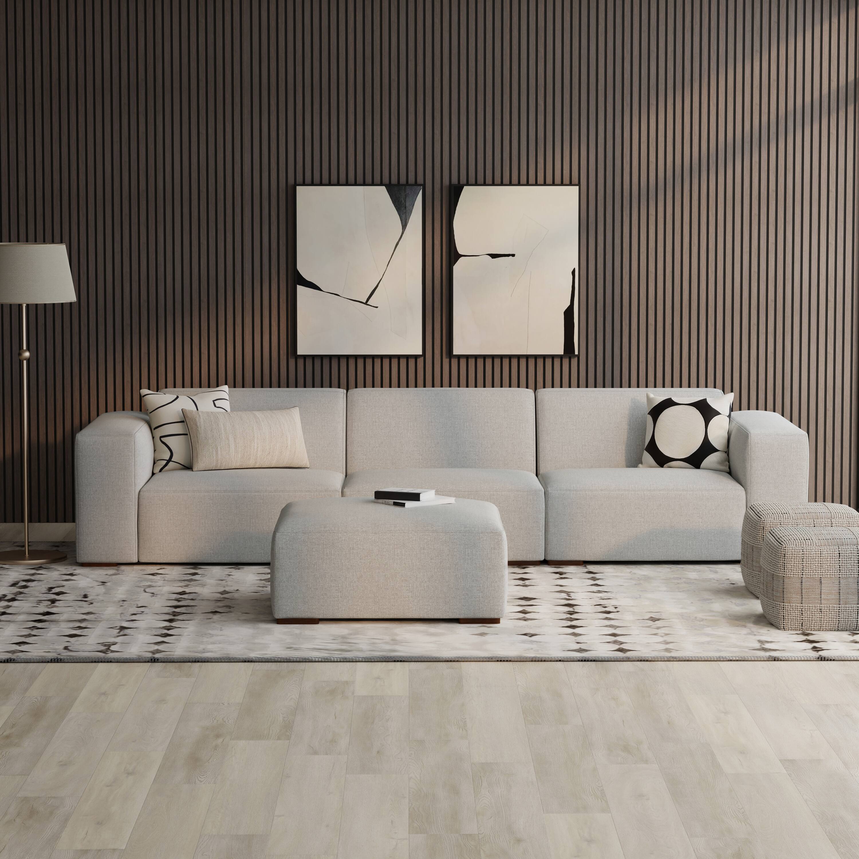 Angle. Simpli Home - Rex 3-Seater Modular Sofa and Ottoman Set in Tightly Woven Performance Fabric - Pale Grey.