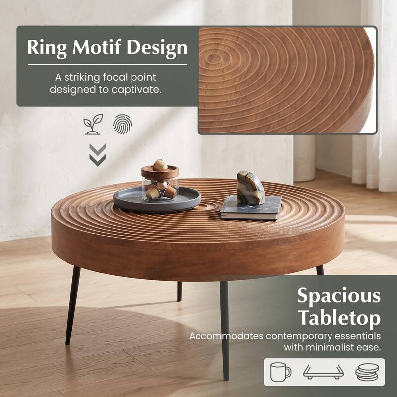 Ring Motif Design  
A striking focal point designed to captivate.  

Spacious Tabletop  
Accommodates contemporary essentials with minimalist ease.