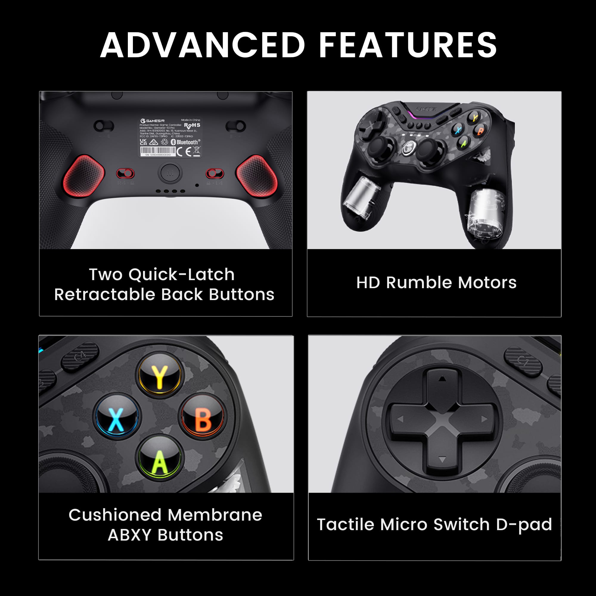 ADVANCED FEATURES:
- Two Quick-Latch Retractable Back Buttons
- HD Rumble Motors
- X Y A B Cushioned Membrane ABX Buttons
- Tactile Micro Switch
- D-pad