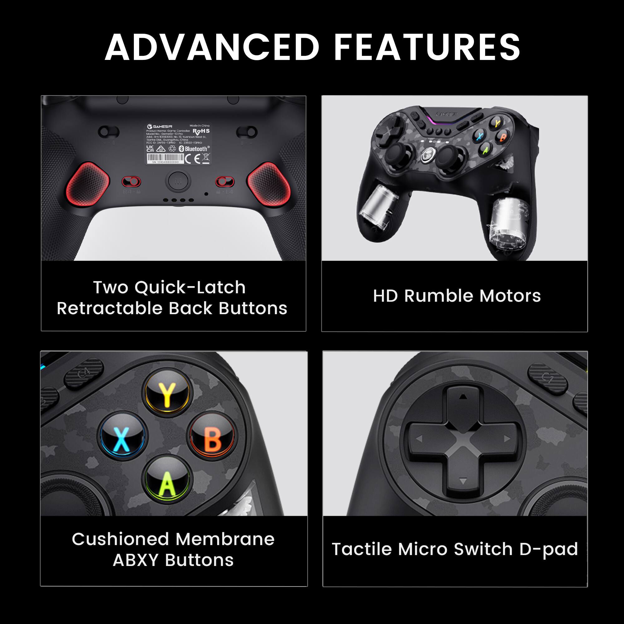 ADVANCED FEATURES:
- Two Quick-Latch Retractable Back Buttons
- HD Rumble Motors
- X Y A B Cushioned Membrane ABX Buttons
- Tactile Micro Switch
- D-pad