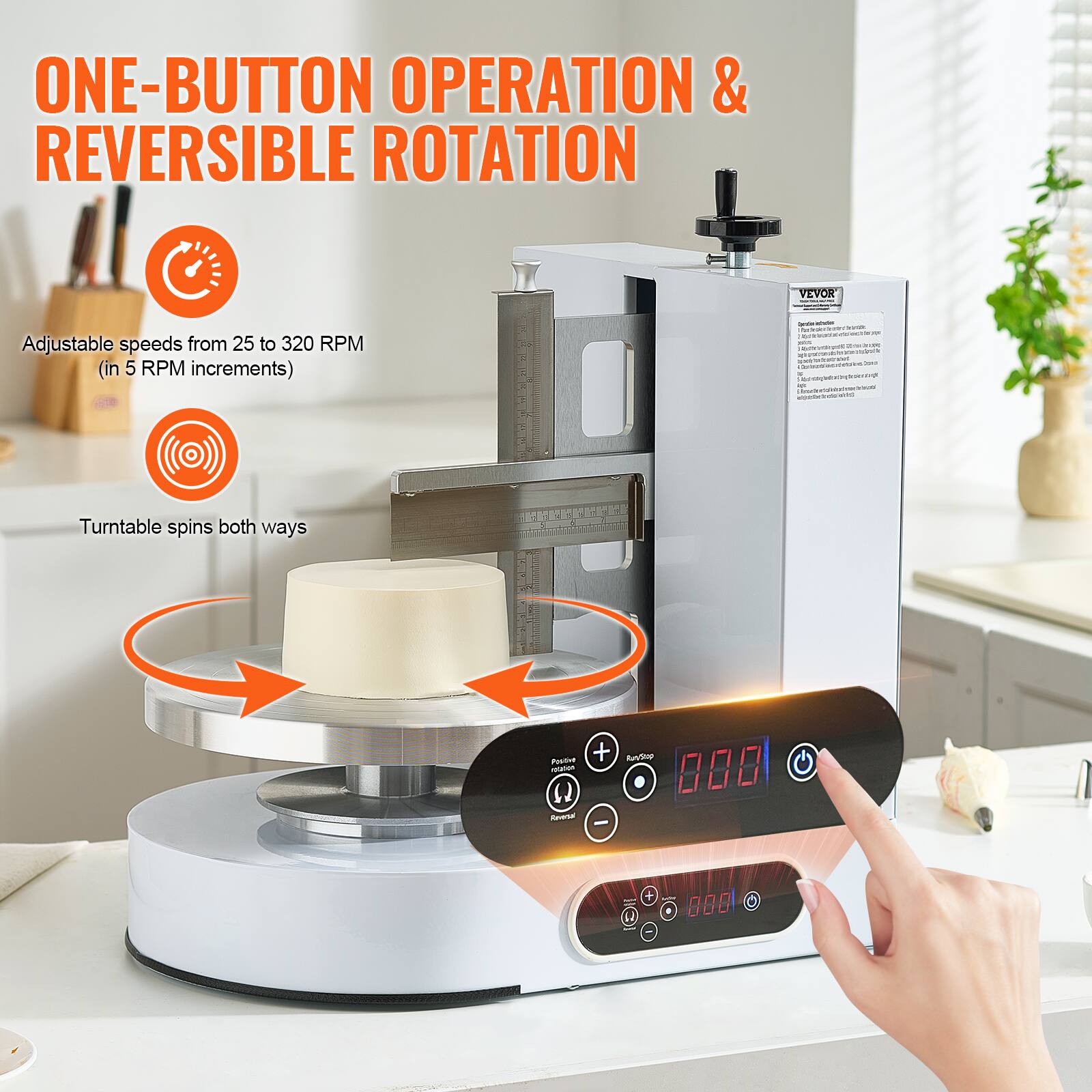 ONE-BUTTON OPERATION & REVERSIBLE ROTATION

Adjustable speeds from 25 to 320 RPM (in 5 RPM increments)

Turntable spins both ways