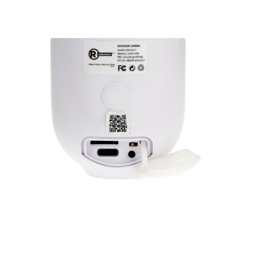 OUTDOOR CAMERA  
Model: 301917  
Battery: 5200 mAh  
RadioShack  
PID: szvvoiygvyg9fdig  
FCC ID: 2BDUR-6301917  
Made in China / Hecho en China  
FC