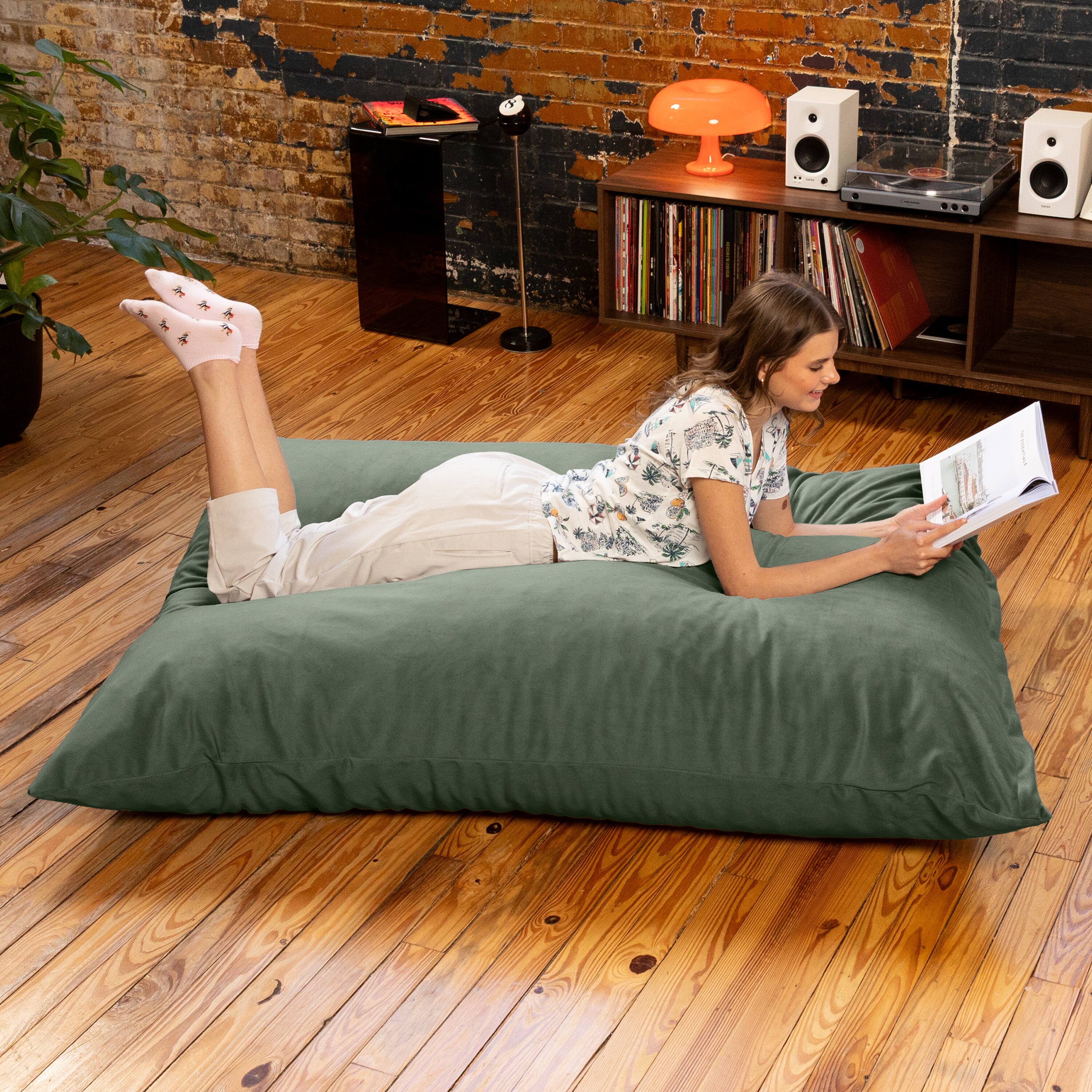 Alt View 1. Jaxx - Pillow Saxx Dream Lounger with Wood Frame - 3-in-1 Bean Bag Accent Chair, Recliner & Sleeper, Lush Velvet Green - Lush Velvet Green.