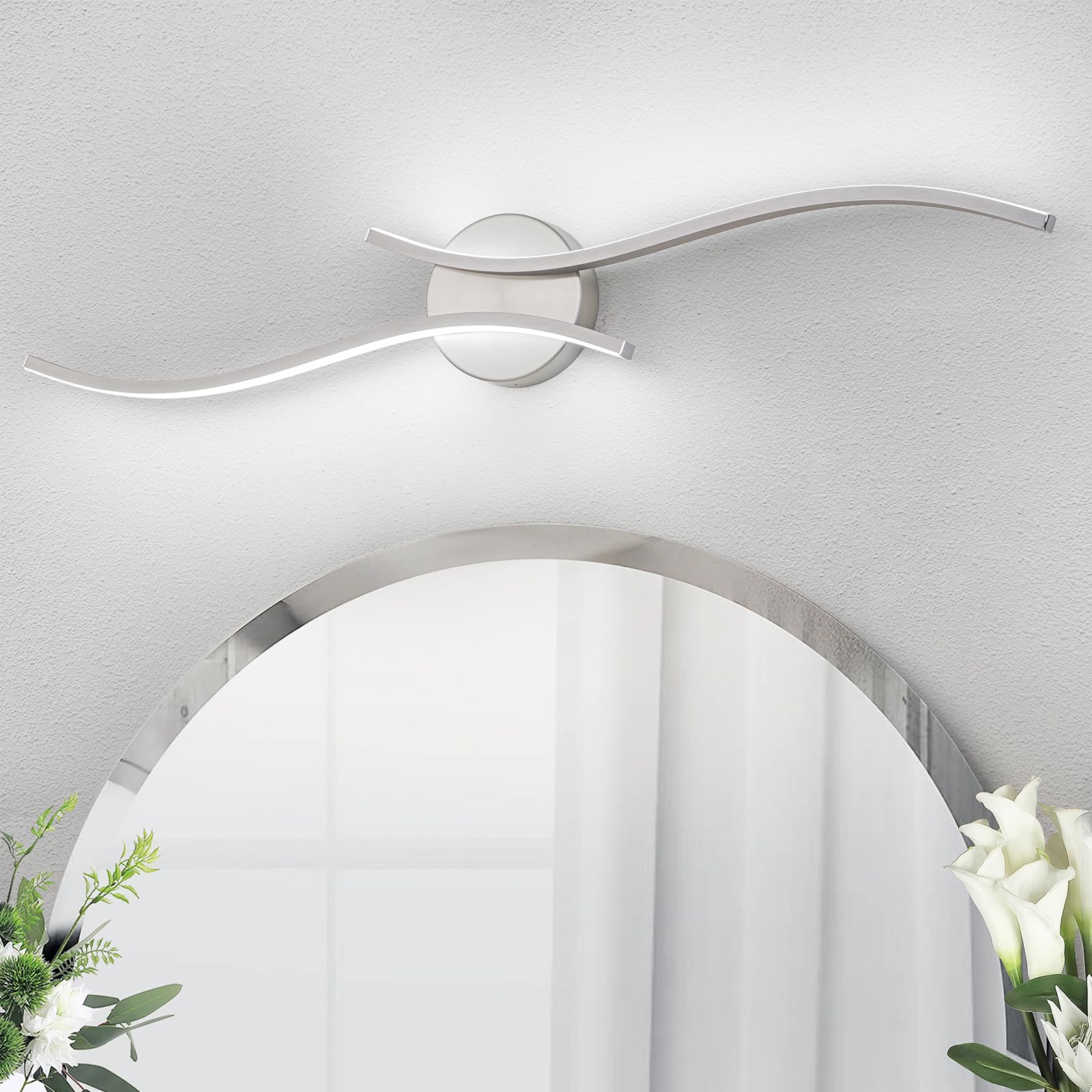 Front. HM 1810 - Dimmable Modern Led Bathroom Vanity Light Inch w Spiral Design Brushed Nickel Fixtures Over Mirror Wall Sco - Nickel-Wave Cool 31.5 inch.