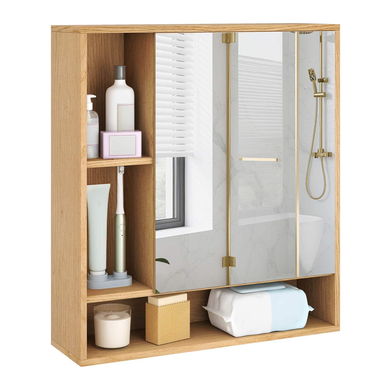 Costway - Bathroom Wall Cabinet with Mirror, Single Door, 3 Open Shelves & Adjustable Shelf - Natural