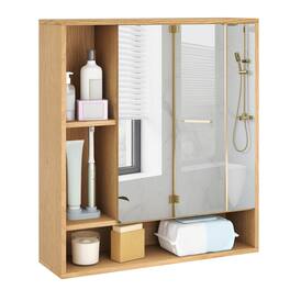 Costway - Bathroom Wall Cabinet with Mirror, Single Door, 3 Open Shelves & Adjustable Shelf - Natural