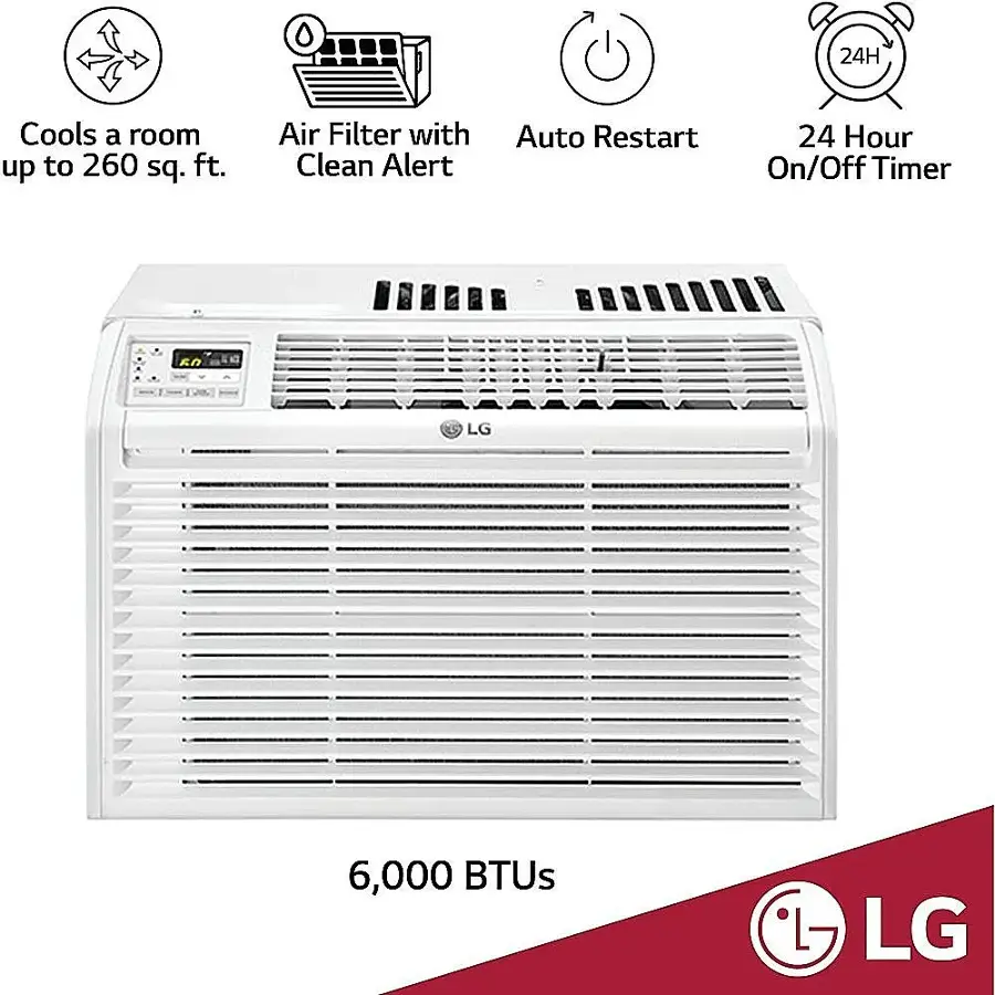 The image features a white LG air conditioner with a 6,000 BTU capacity. It is designed to cool a room up to 260 square feet and has an air filter with a clean alert system. The air conditioner also has an auto restart feature and a 24-hour on/off timer. The LG logo is prominently displayed on the appliance.