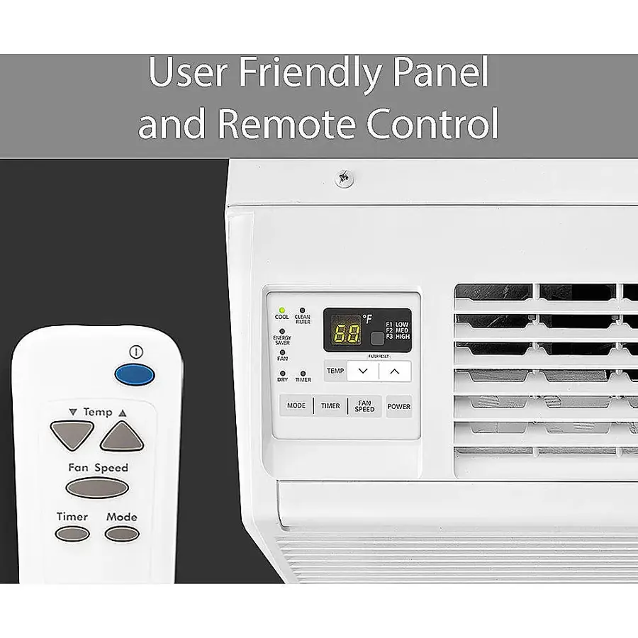 The image features a white air conditioner with a user-friendly panel and remote control. The panel and remote control allow for easy temperature adjustment and fan speed control. The air conditioner is designed to be energy-efficient and environmentally friendly. The timer function helps to maintain a consistent temperature and conserve energy. The remote control can be used to adjust the settings from a distance, providing added convenience for the user.